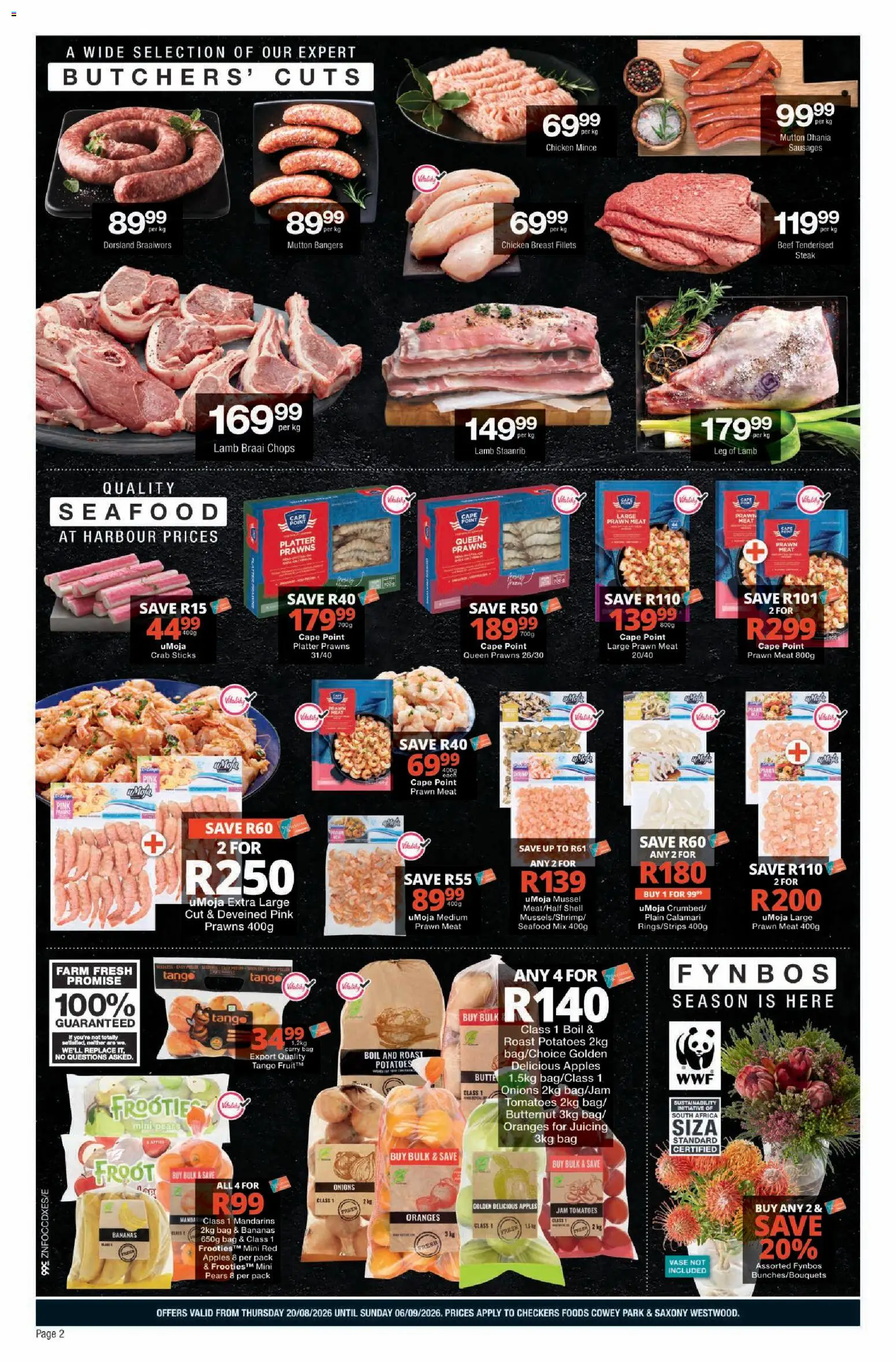 New Checkers catalogue – valid from 20/08/2026 | Page: 2 | Products: Jam, Bag, Oranges, Seafood