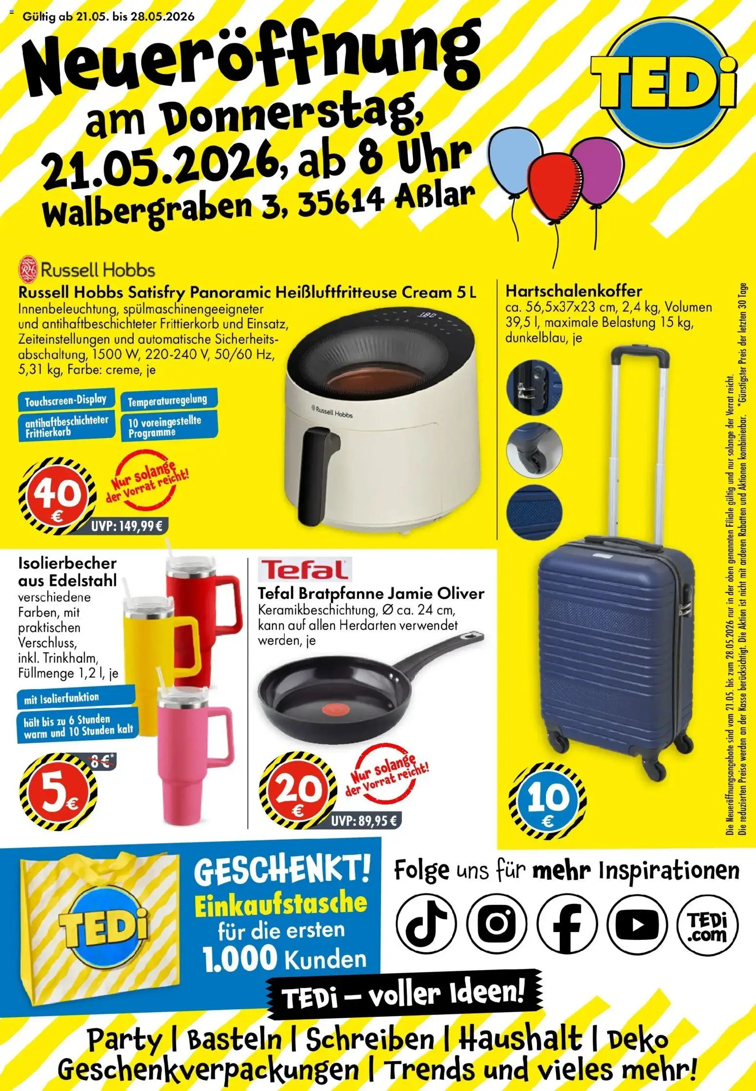 TEDi Neueröffnung Aßlar – gültig ab 21.05.2026 | Seite: 1 | Produkte: Heißluftfritteuse, Uhr
