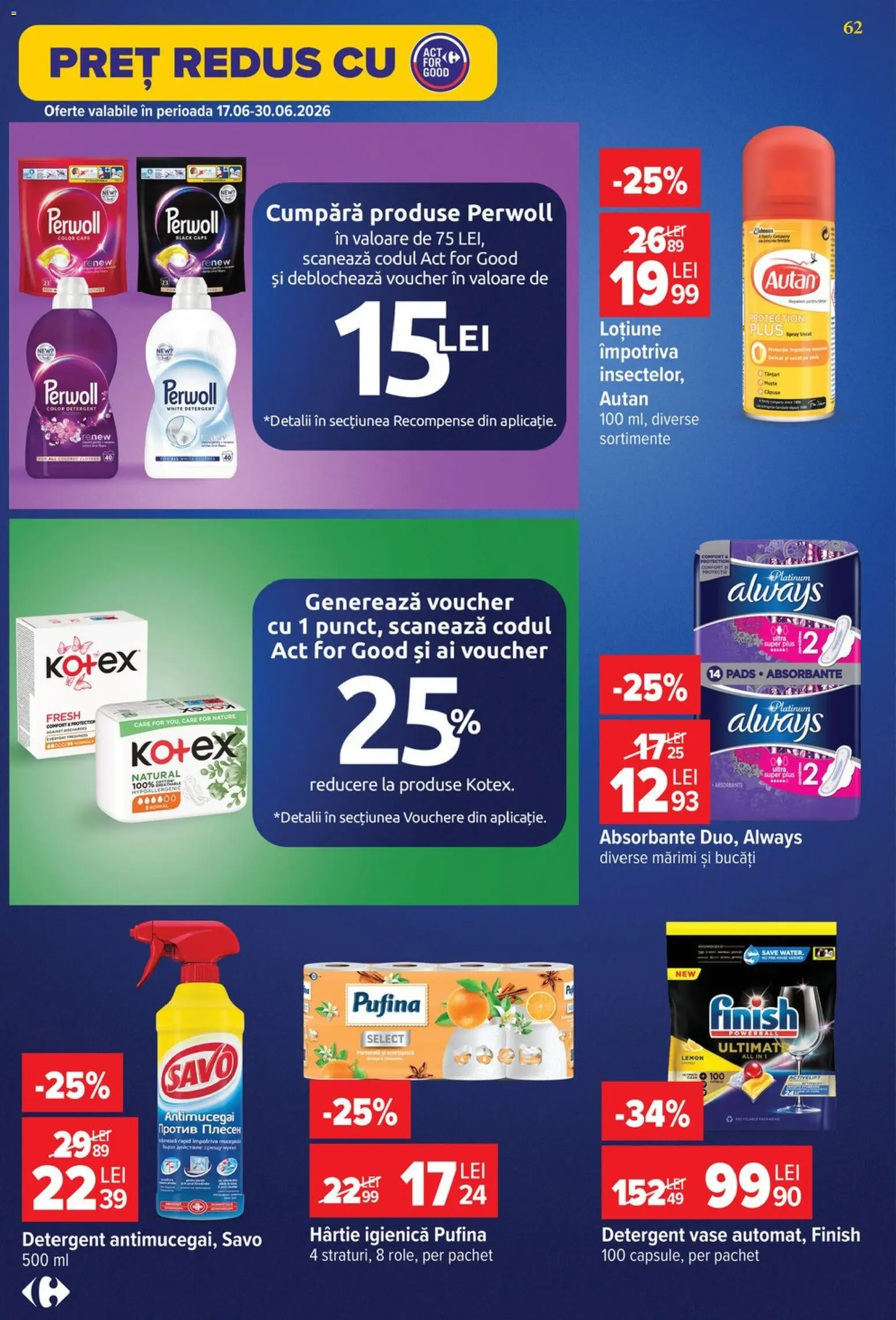 Noul catalog Carrefour – valabil de la 24.06.2026 | Pagină: 62 | Produse: Detergent, Absorbante