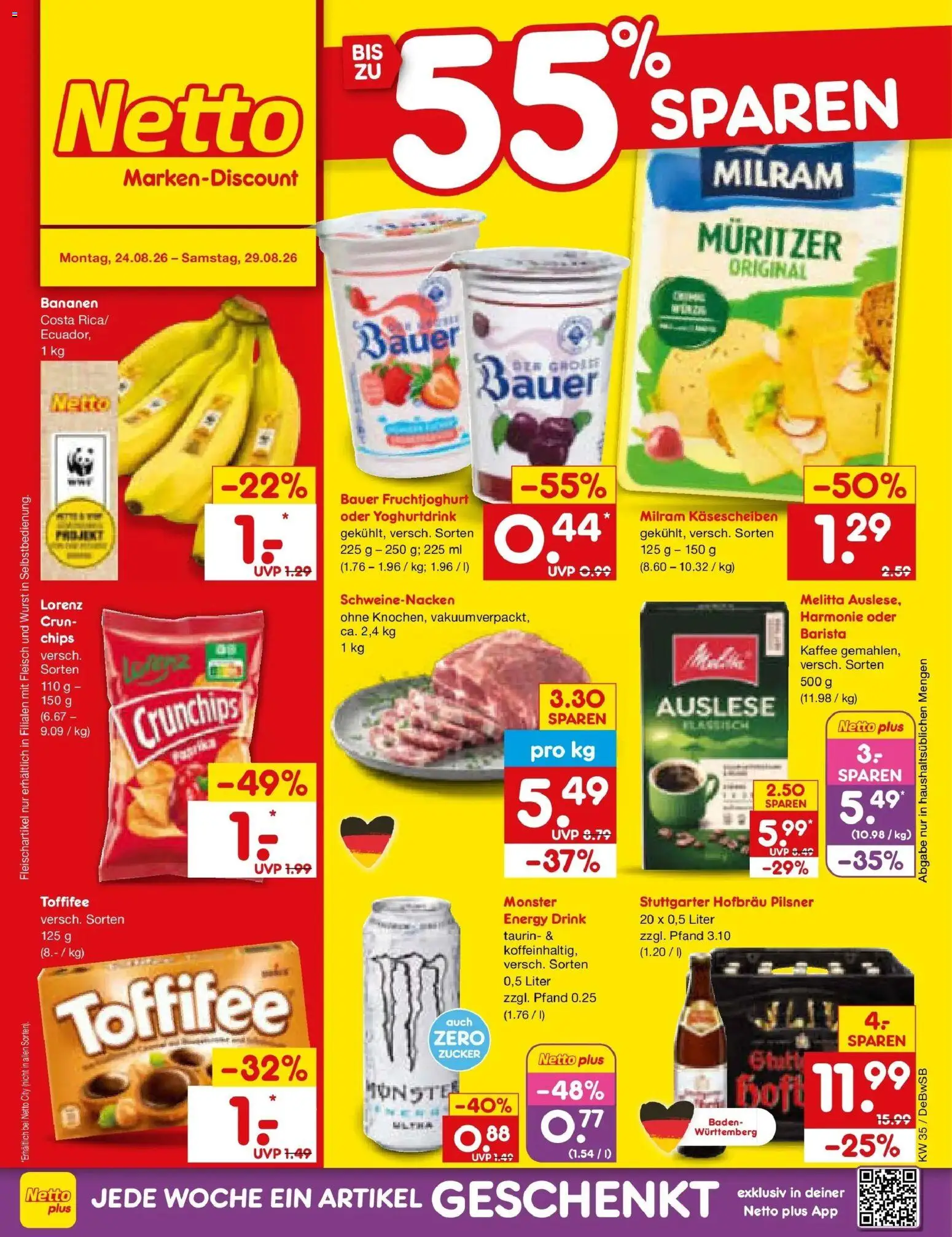 Netto Marken-Discount Prospekt Waiblingen-Bittenfeld – gültig ab 24.08.2026 | Seite: 1 | Produkte: Energy, Schweinenacken, Wurst, Toffifee