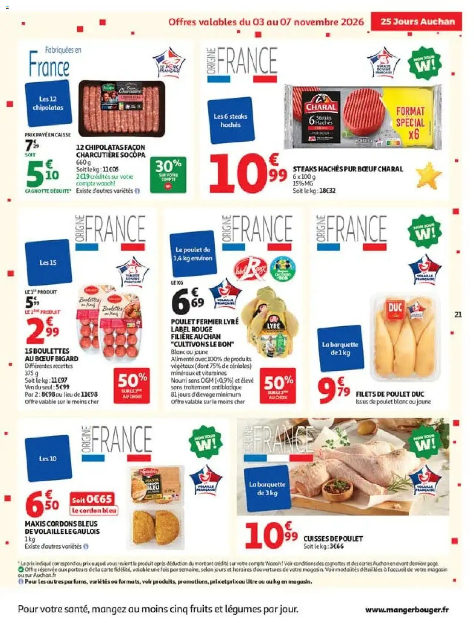 {H1} | Page: 21 | Produits: Poulet, Fruits, Chipolatas, Cordon bleu