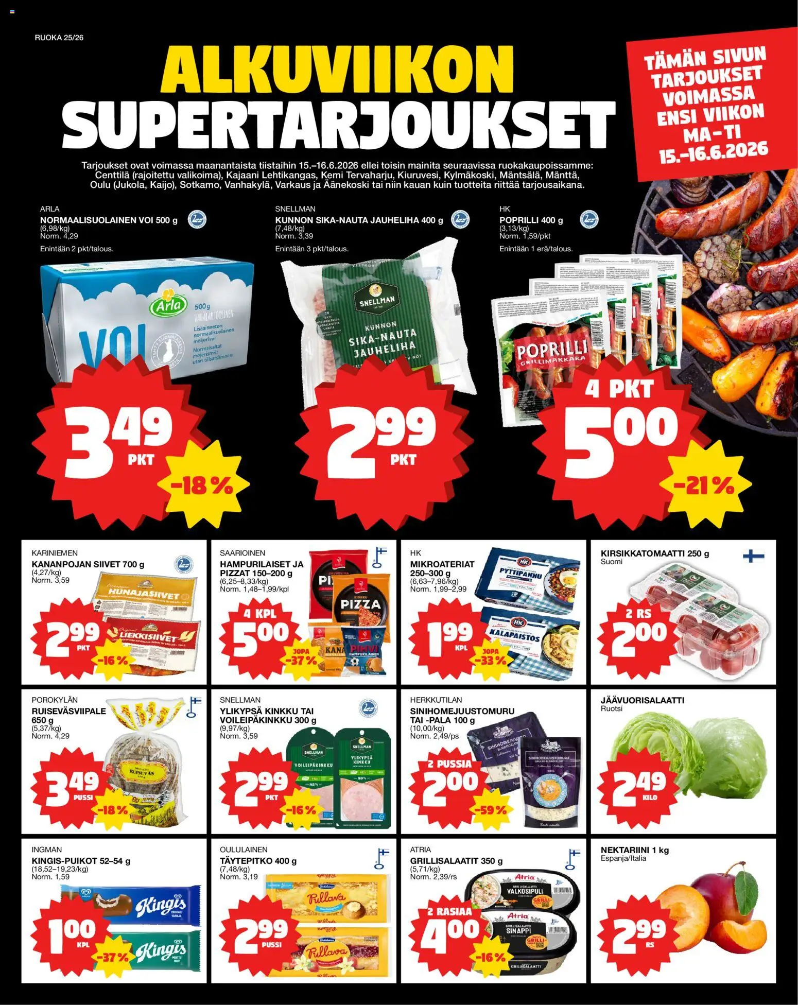 Tokmanni Ruokatarjoukset – voimassa 15.06.2026 alkaen | Sivu: 1 | Tuotteet: Valkosipuli, Kirsikkatomaatti, Kinkku, Pizza