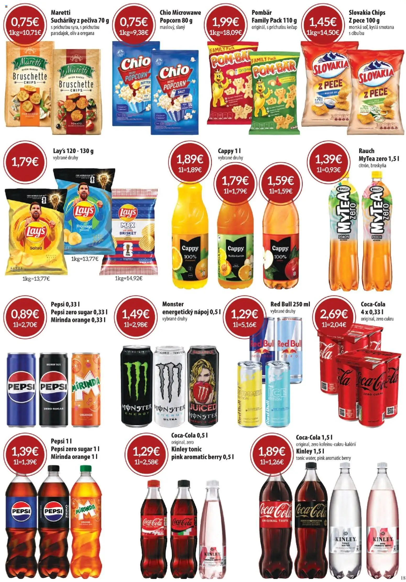 Nové CBA Komfos akcie – leták je platný od 04.06.2026 | Strana: 18 | Produkty: Red Bull, Coca cola, Mirinda, Energetický nápoj