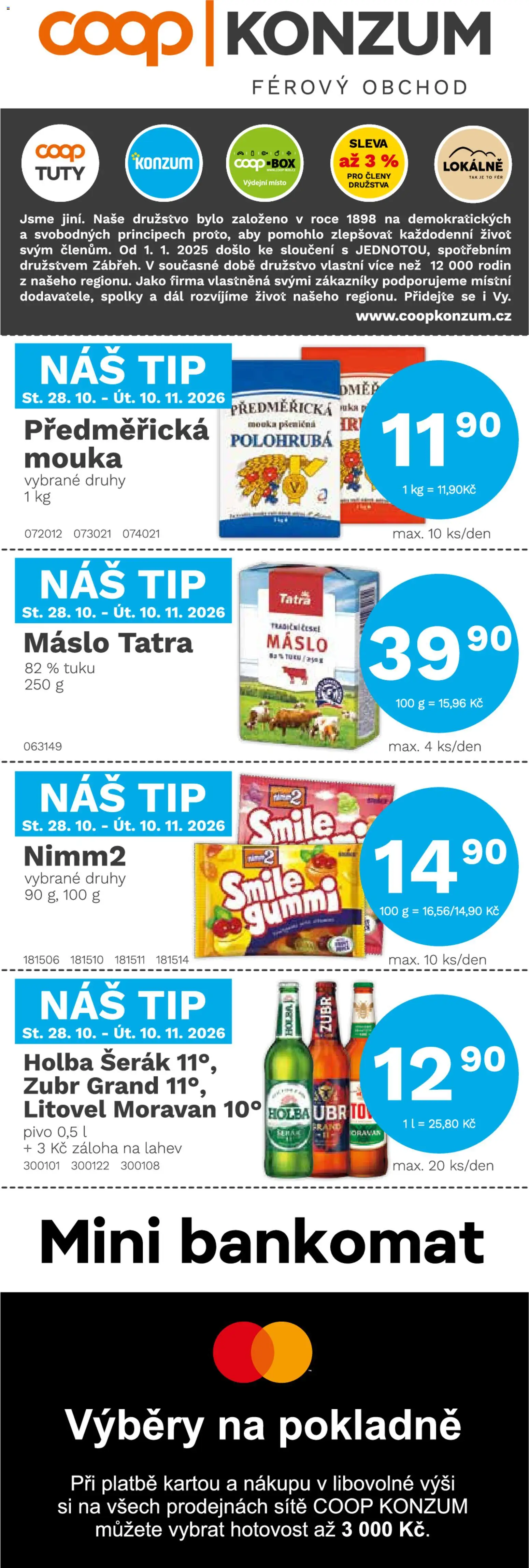 Konzum leták od 28.10.2026 | Strana: 1 | Produkty: Mouka polohrubá, Zubr, Šerák, Láhev