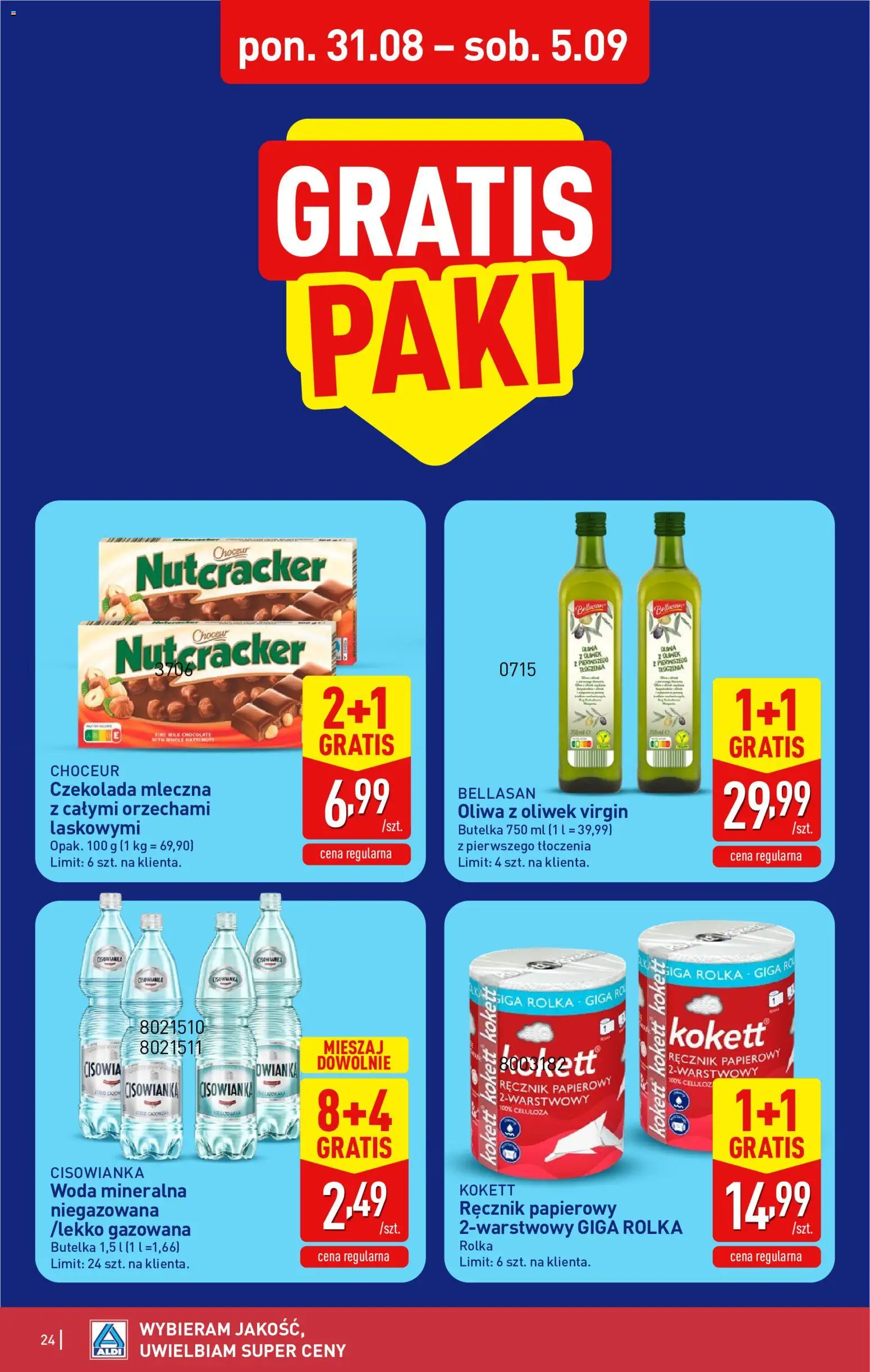 Aldi gazetka od 31.08.2026 | Strona: 24 | Produkty: Cisowianka, Oliwa z oliwek, Woda mineralna, Czekolada