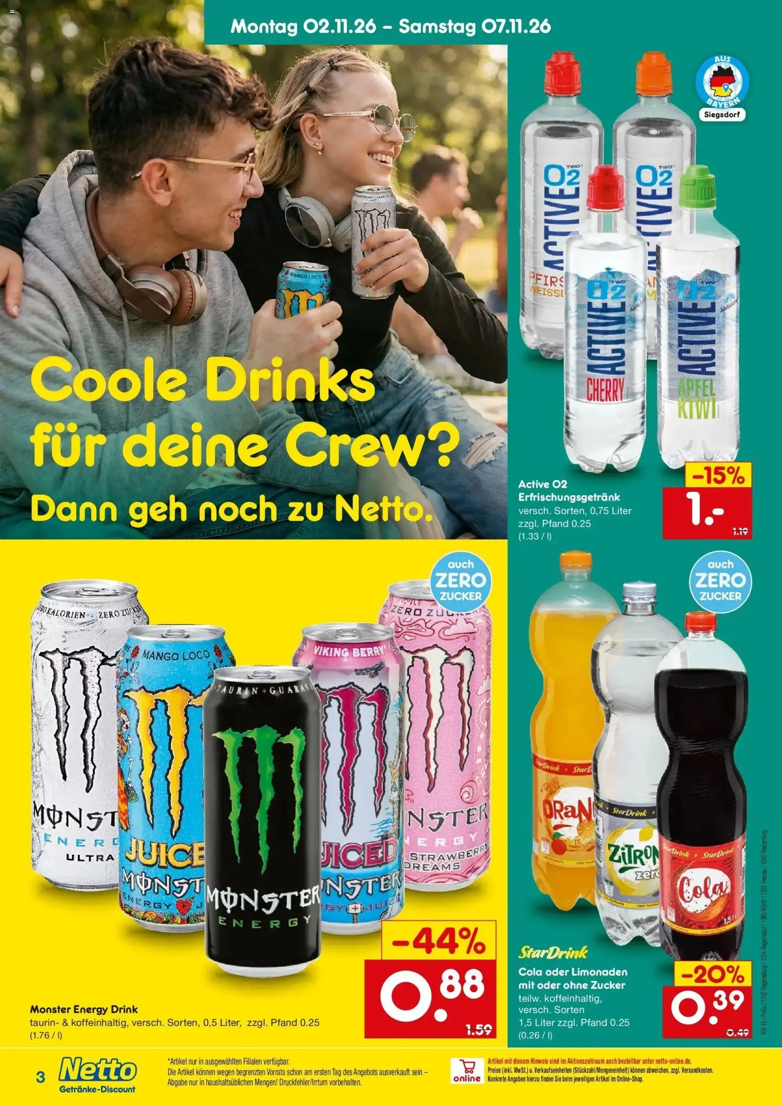 Netto Marken-Discount Prospekt Regenstauf – gültig ab 02.11.2026 | Seite: 3 | Produkte: Cola, Monster, Zucker, Mango