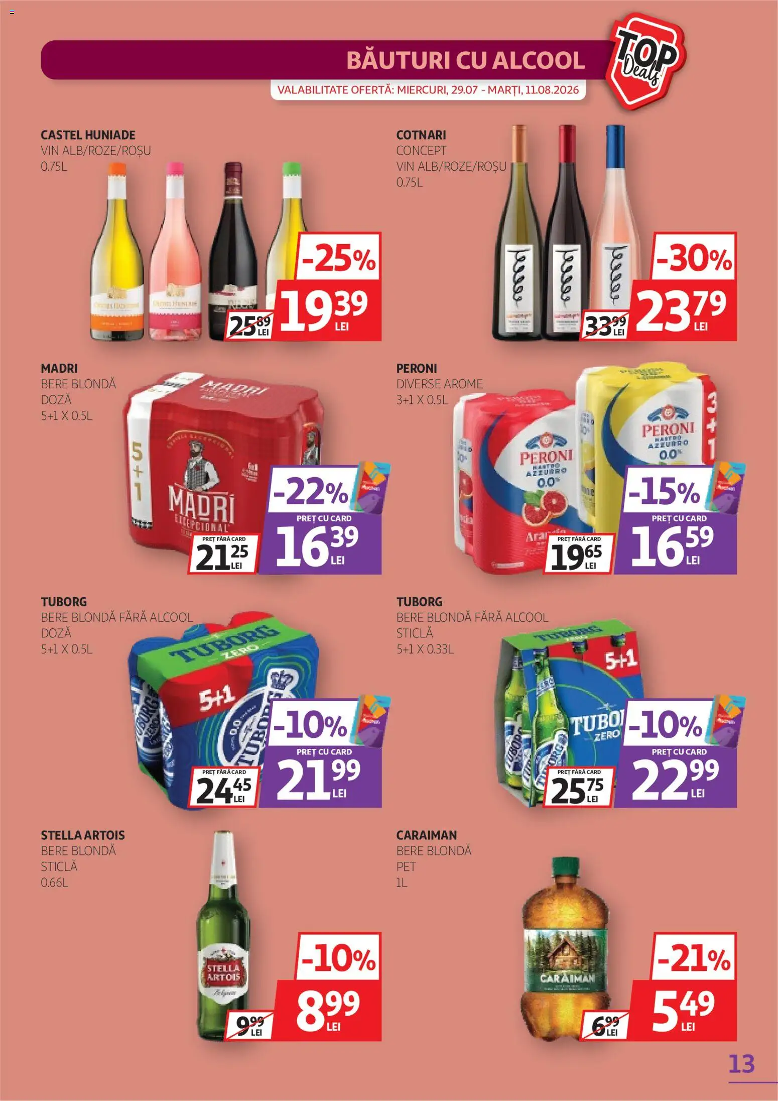 Noul catalog Auchan – valabil de la 29.07.2026 | Pagină: 13 | Produse: Zero, Castel huniade, Vin, Bere
