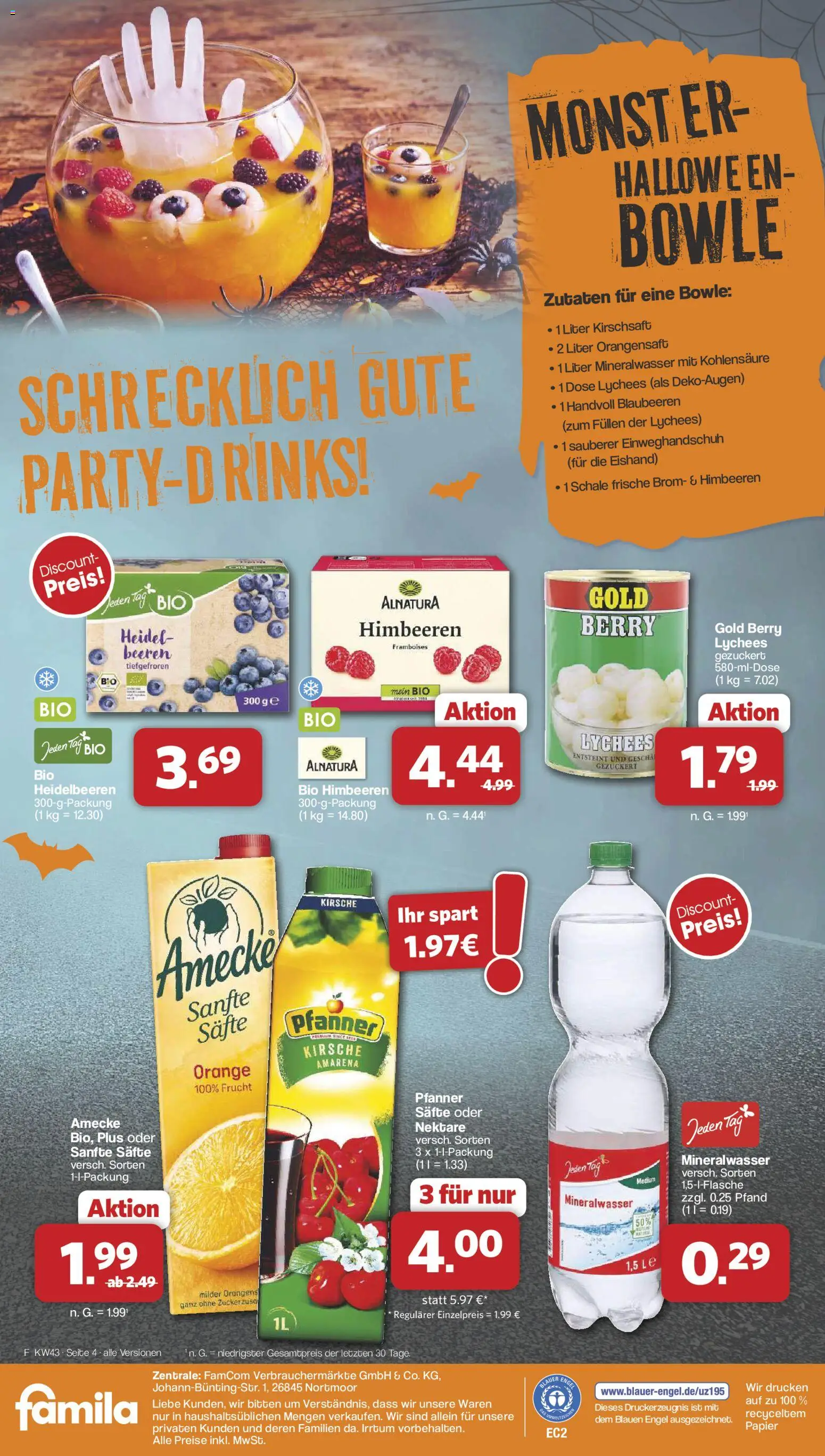 Famila Nordwest Halloween-Sonderangebote – gültig ab 19.10.2026 | Seite: 4 | Produkte: Himbeeren, Orangensaft, Mineralwasser, Heidelbeeren