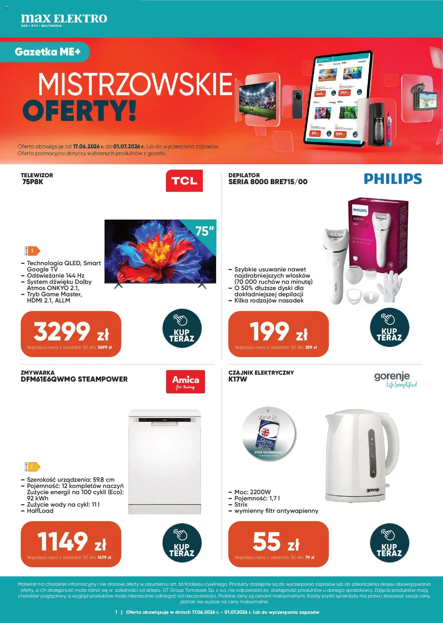Max elektro gazetka od 17.06.2026 | Strona: 1 | Produkty: Telewizor, Zmywarka, Czajnik, Depilator