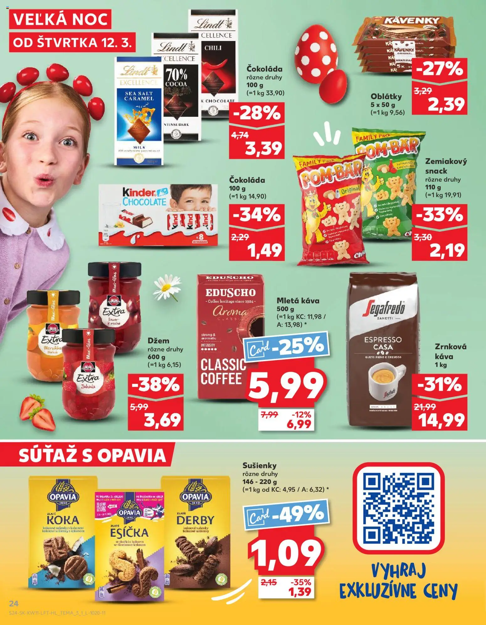 Nové Kaufland akcie – leták je platný od 12.03.2026 | Strana: 24 | Produkty: Káva, Lindt, Kinder, Čokoláda