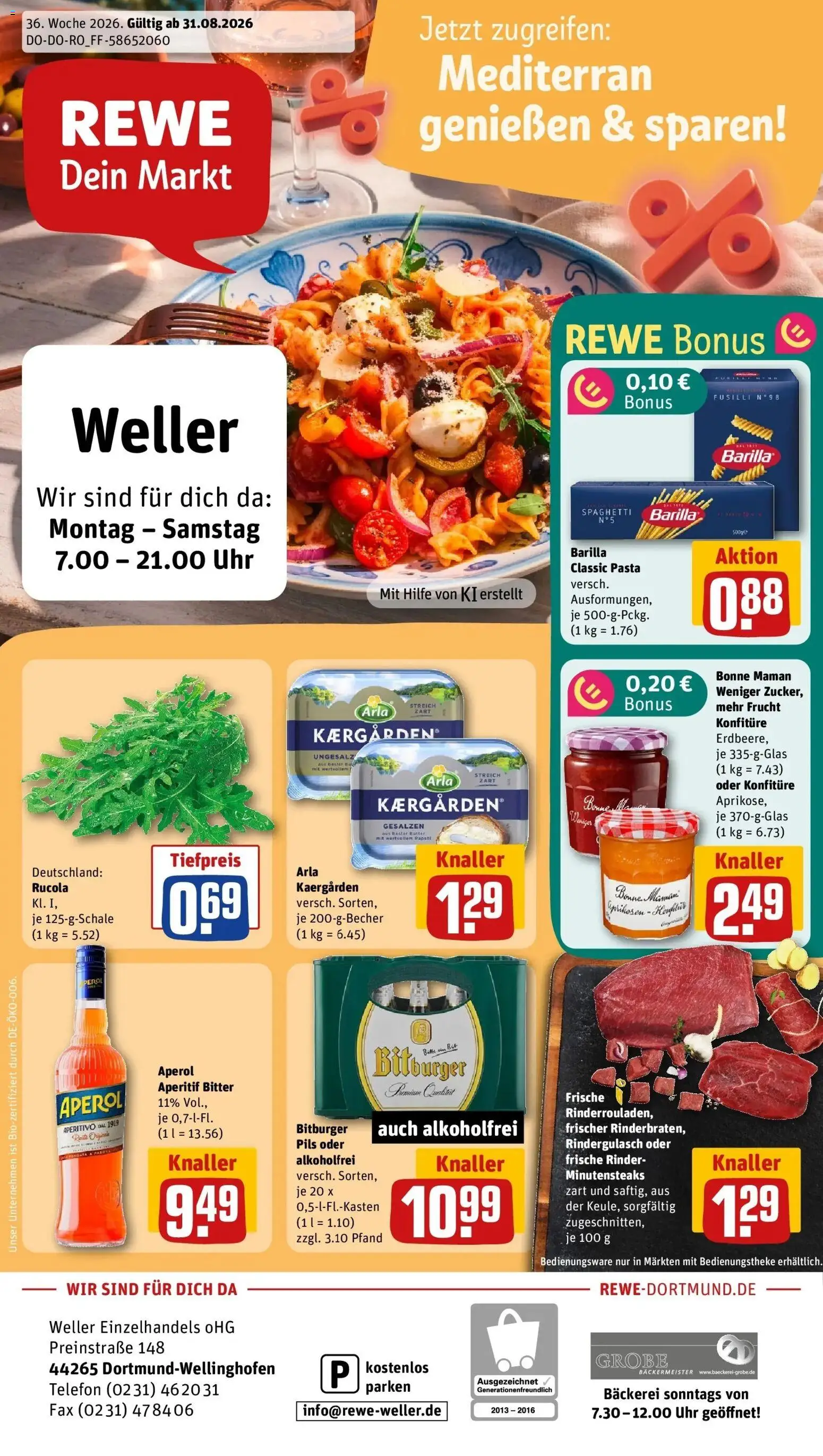 REWE Prospekt ab 31.08.2026 zum Blättern » Angebote | Seite: 1 | Produkte: Bitburger, Bäckerei, Barilla, Rucola
