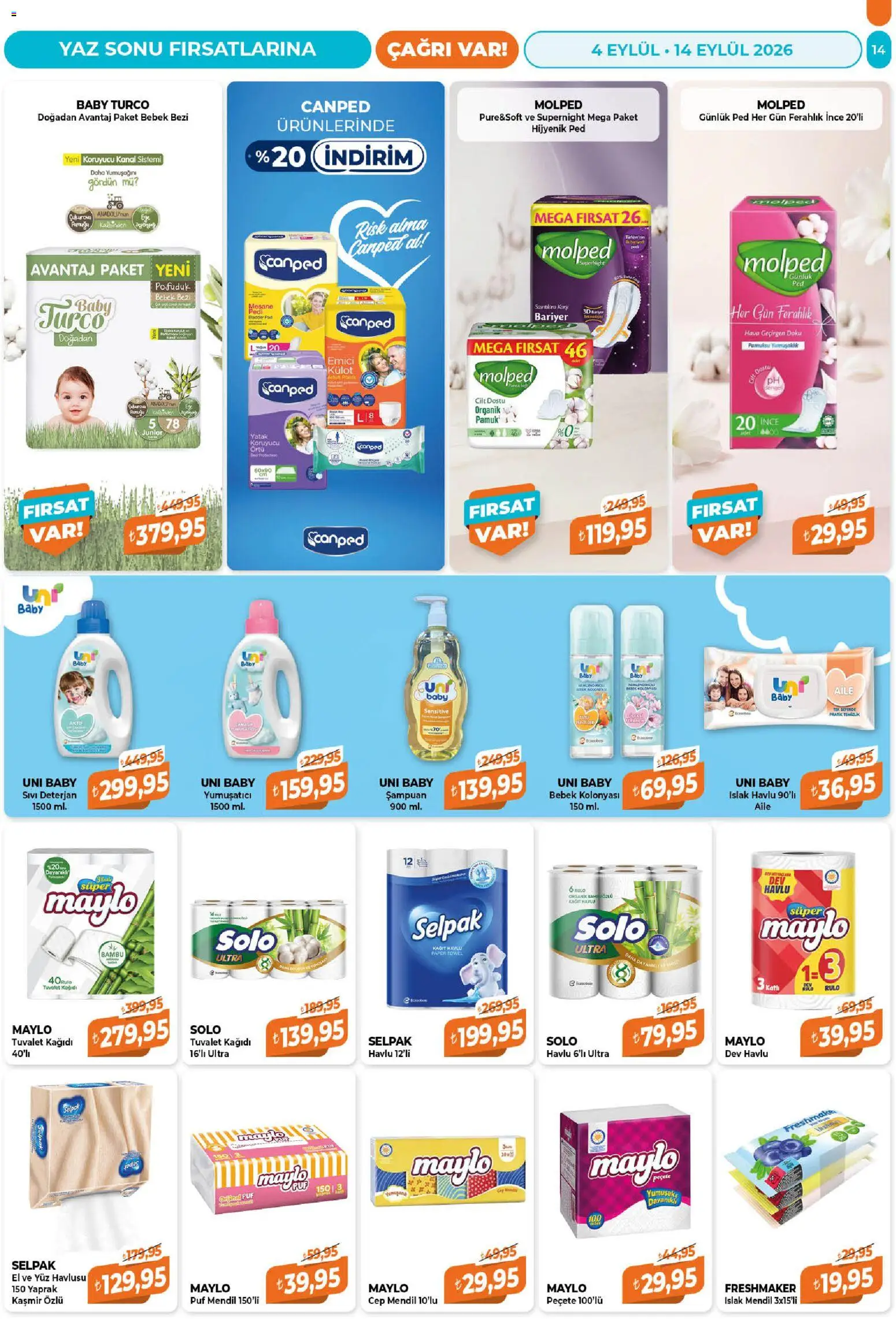 Çağrı Market Katalog - 04 Eylül 2026 tarihinden itibaren geçerlidir | Sayfa: 14 | Ürünler: Hijyenik ped, Şampuan, Yumuşatıcı, Deterjan
