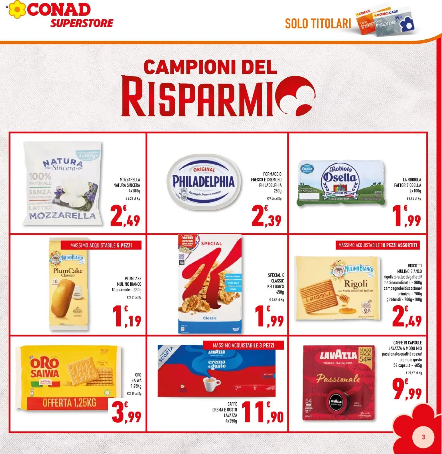 Volantino Conad del 09/09/2026 | Pagina: 3 | Prodotti: Latte, Caffe in capsule, Formaggio fresco, Miele