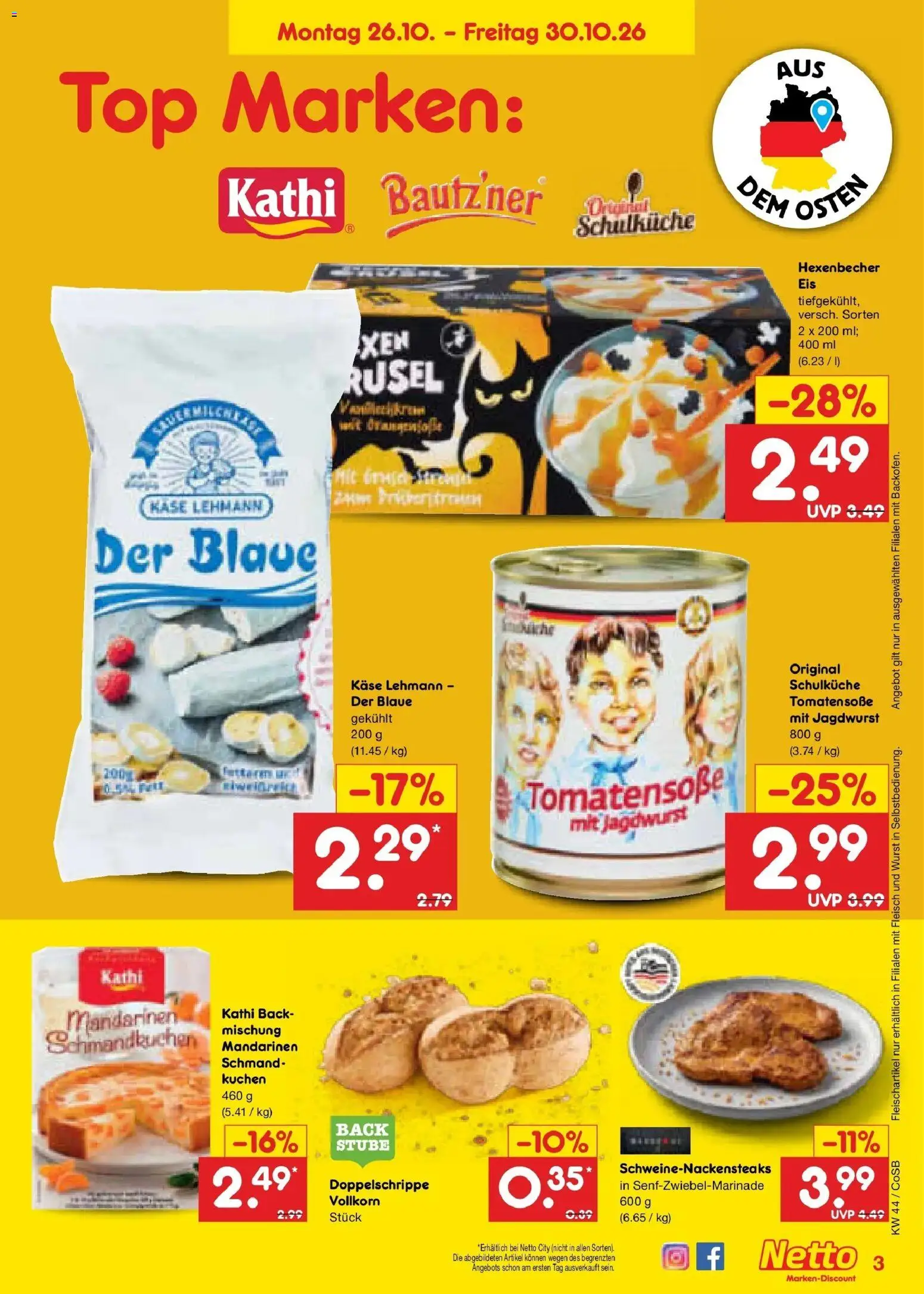Netto Marken-Discount Prospekt Leipzig – gültig ab 26.10.2026 | Seite: 3 | Produkte: Käse, Mandarinen, Wurst, Kuchen