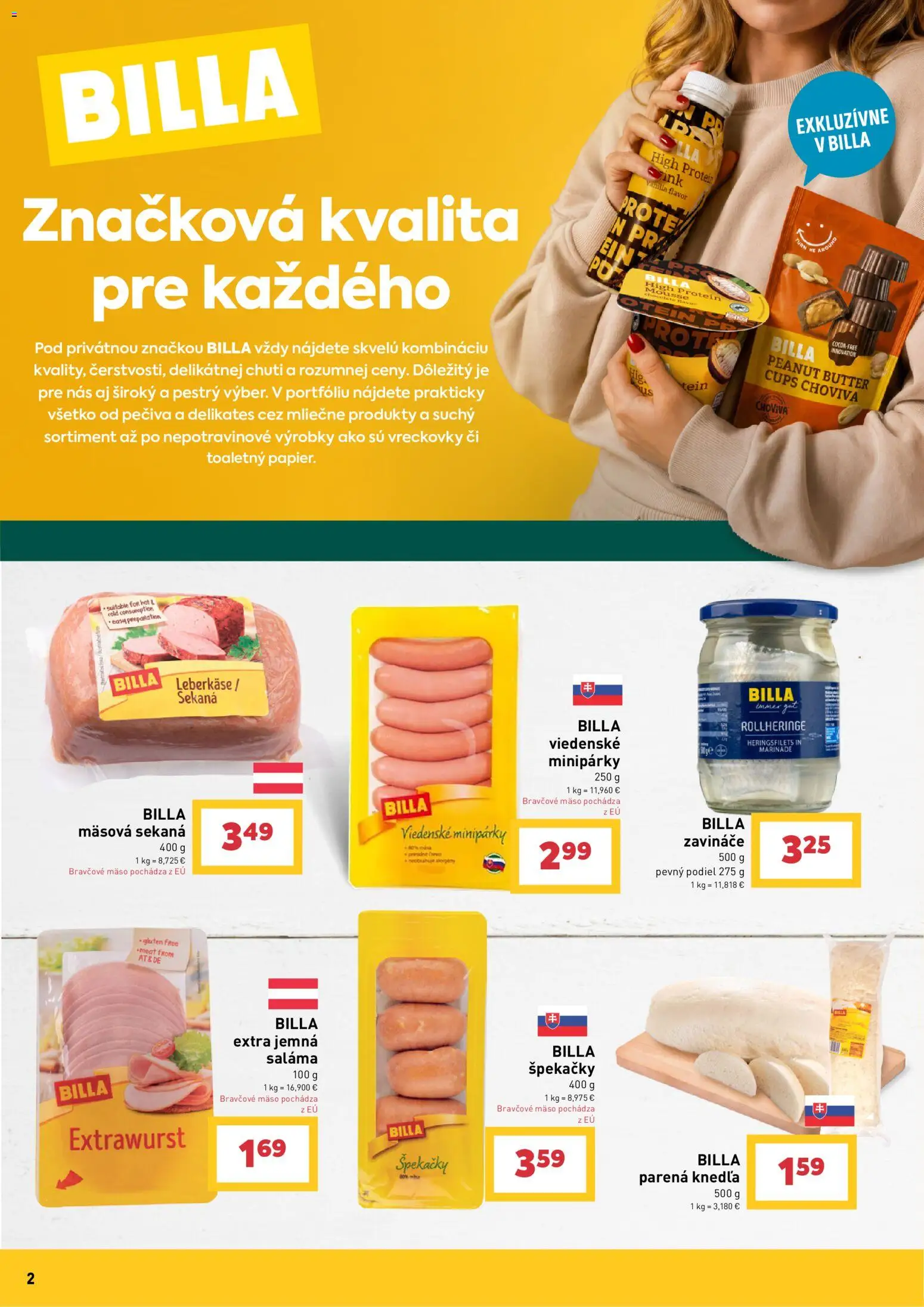 Nové Billa akcie – leták je platný od 22.07.2026 | Strana: 2 | Produkty: Saláma, Protein, Bravčové mäso, Párky