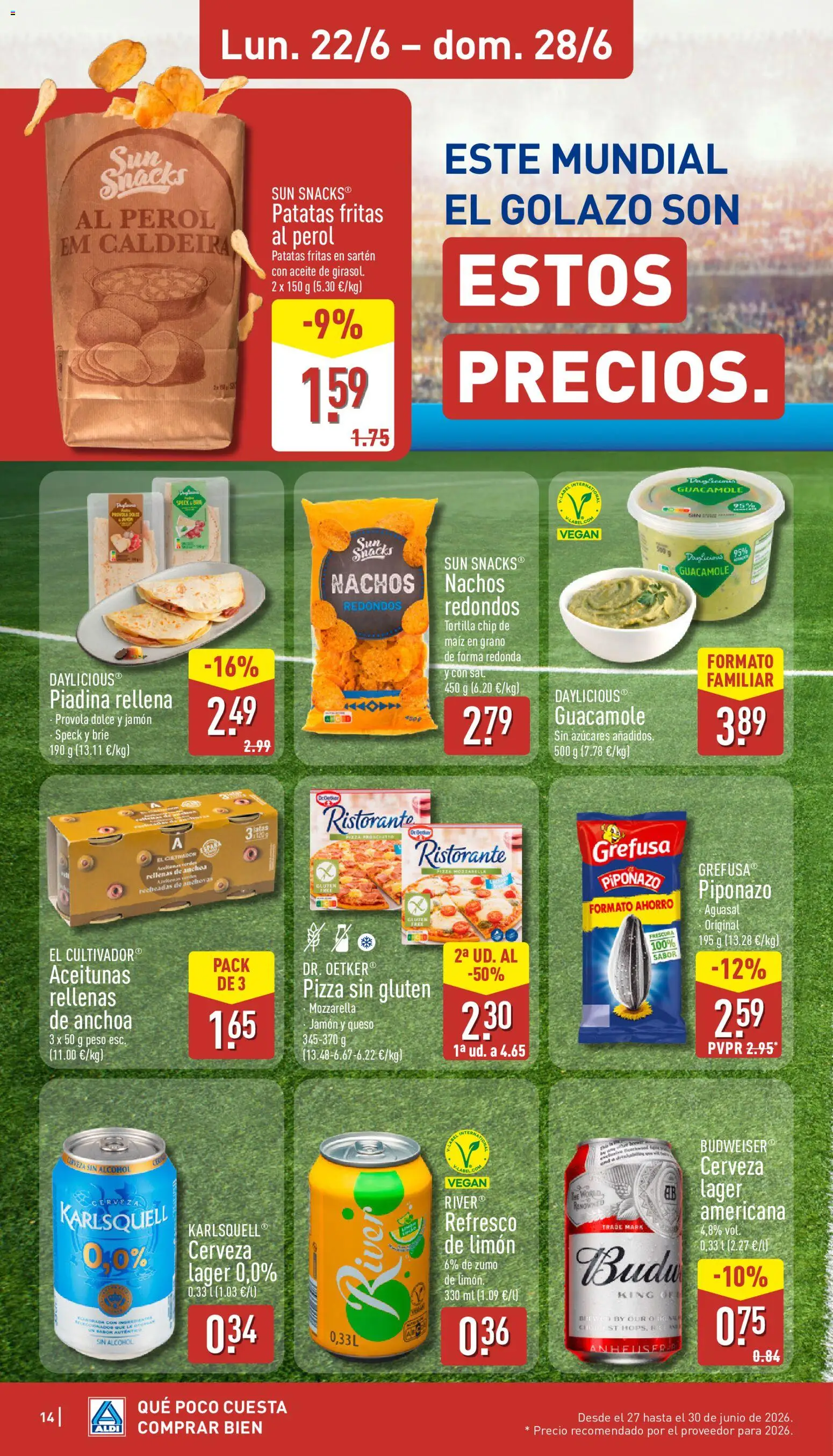 Aldi folleto Península │ válido desde el 22.06.2026 | Página: 14 | Productos: Cerveza sin alcohol, Jamón, Cerveza, Aceite de girasol