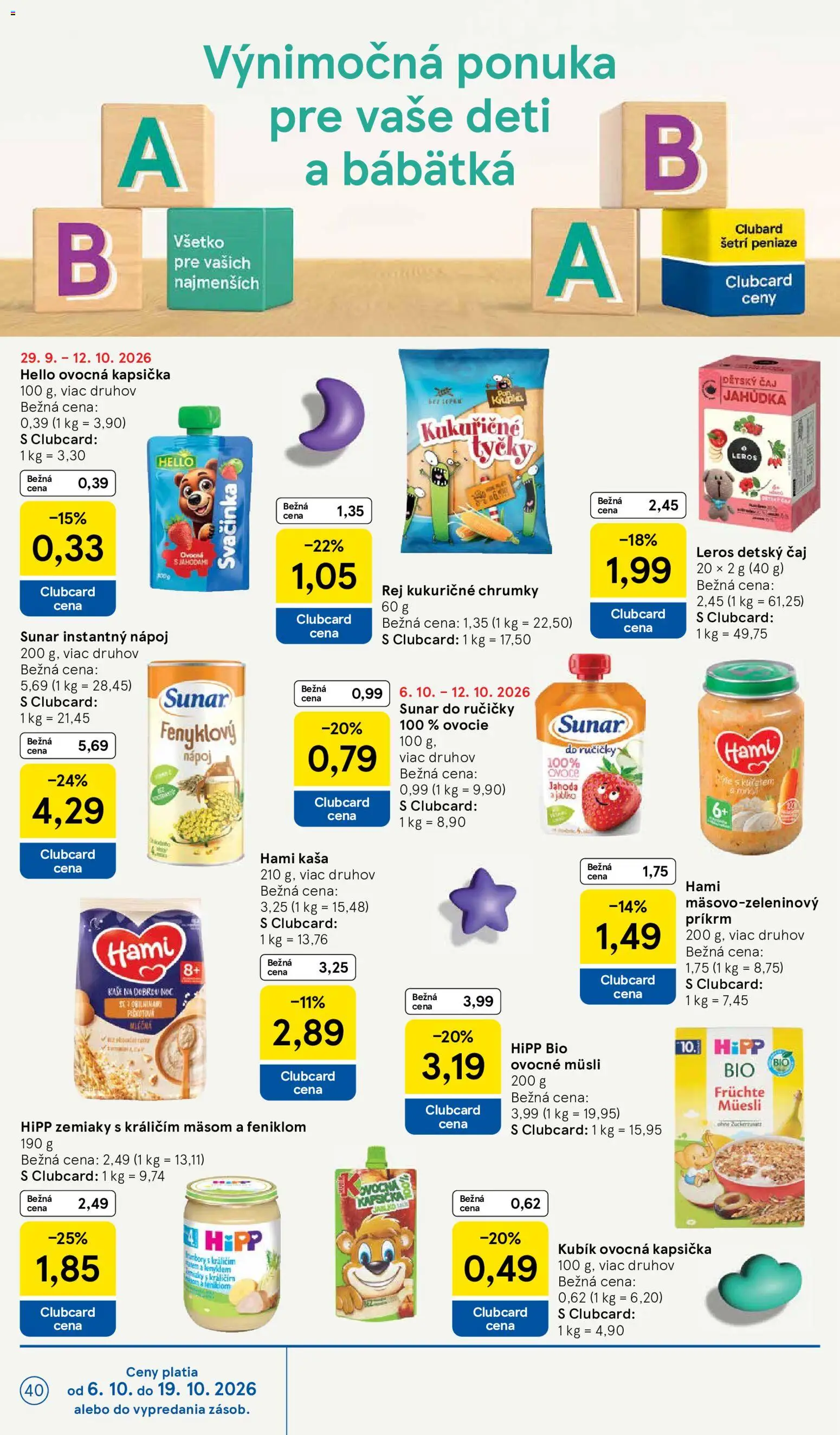 Nové Tesco akcie – leták je platný od 07.10.2026 | Strana: 40 | Produkty: Müsli, Sunar, Zemiaky, Ovocie