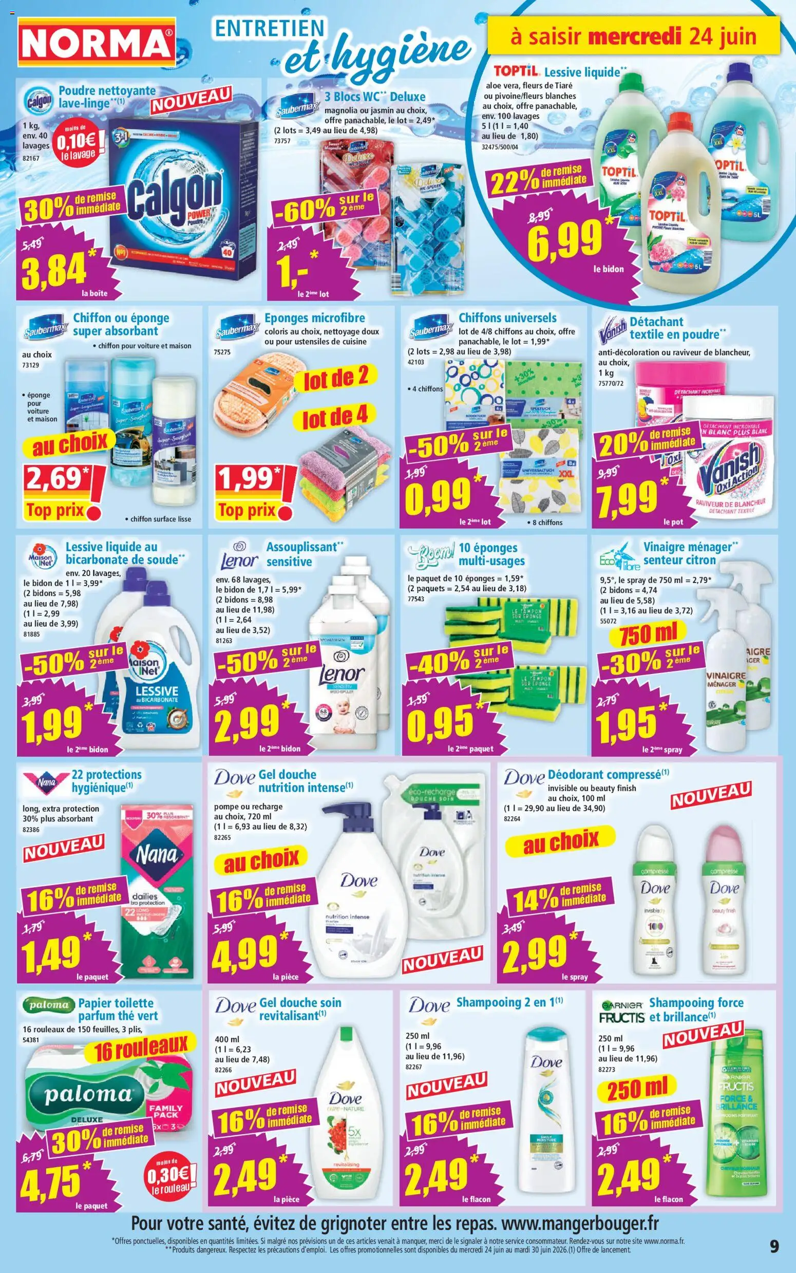 {H1} | Page: 9 | Produits: Lenor, Tampon, Poudre, Vinaigre