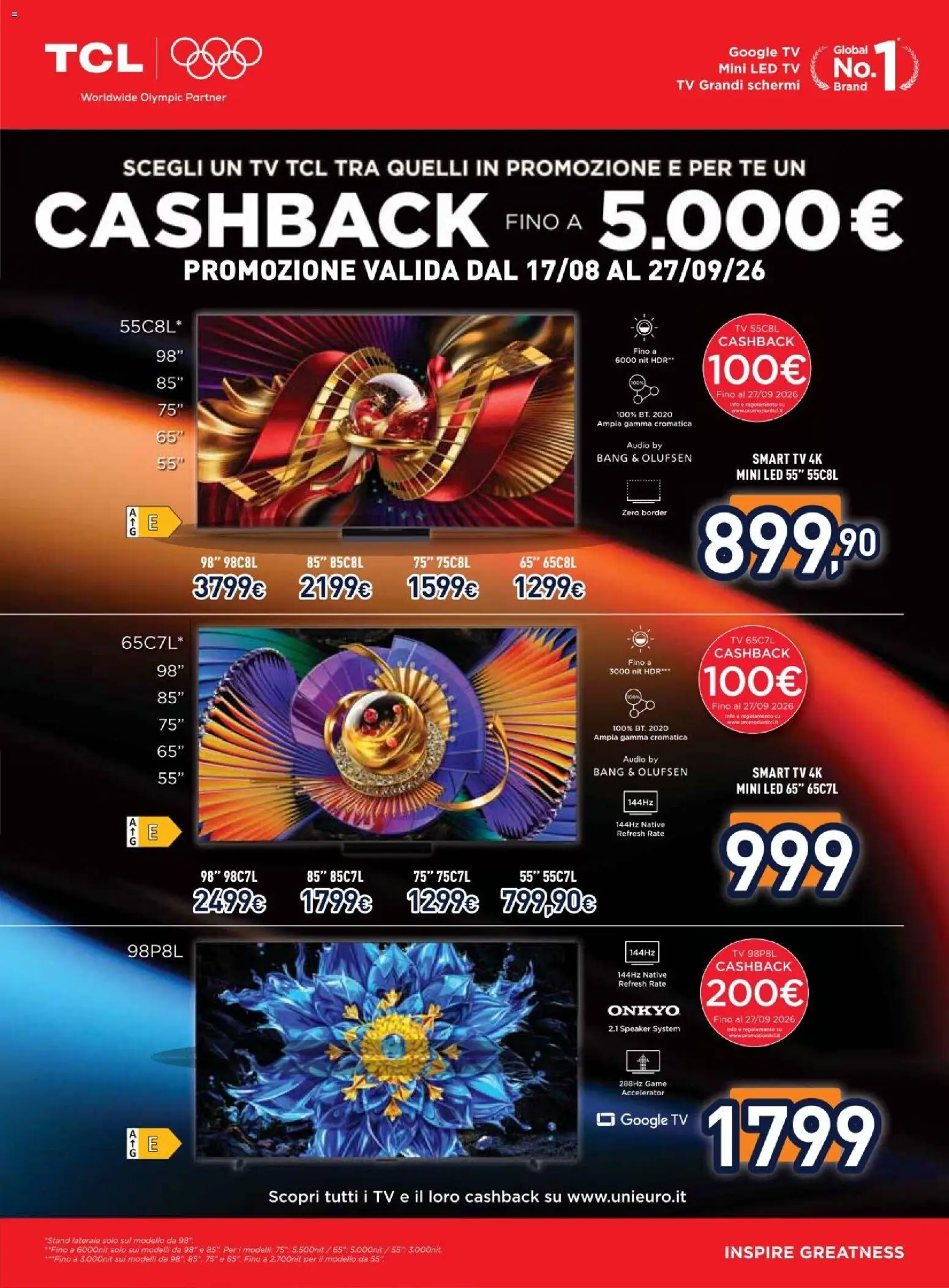 Volantino Unieuro del 07/09/2026 | Pagina: 6 | Prodotti: Tè, smart TV, TV, Speaker