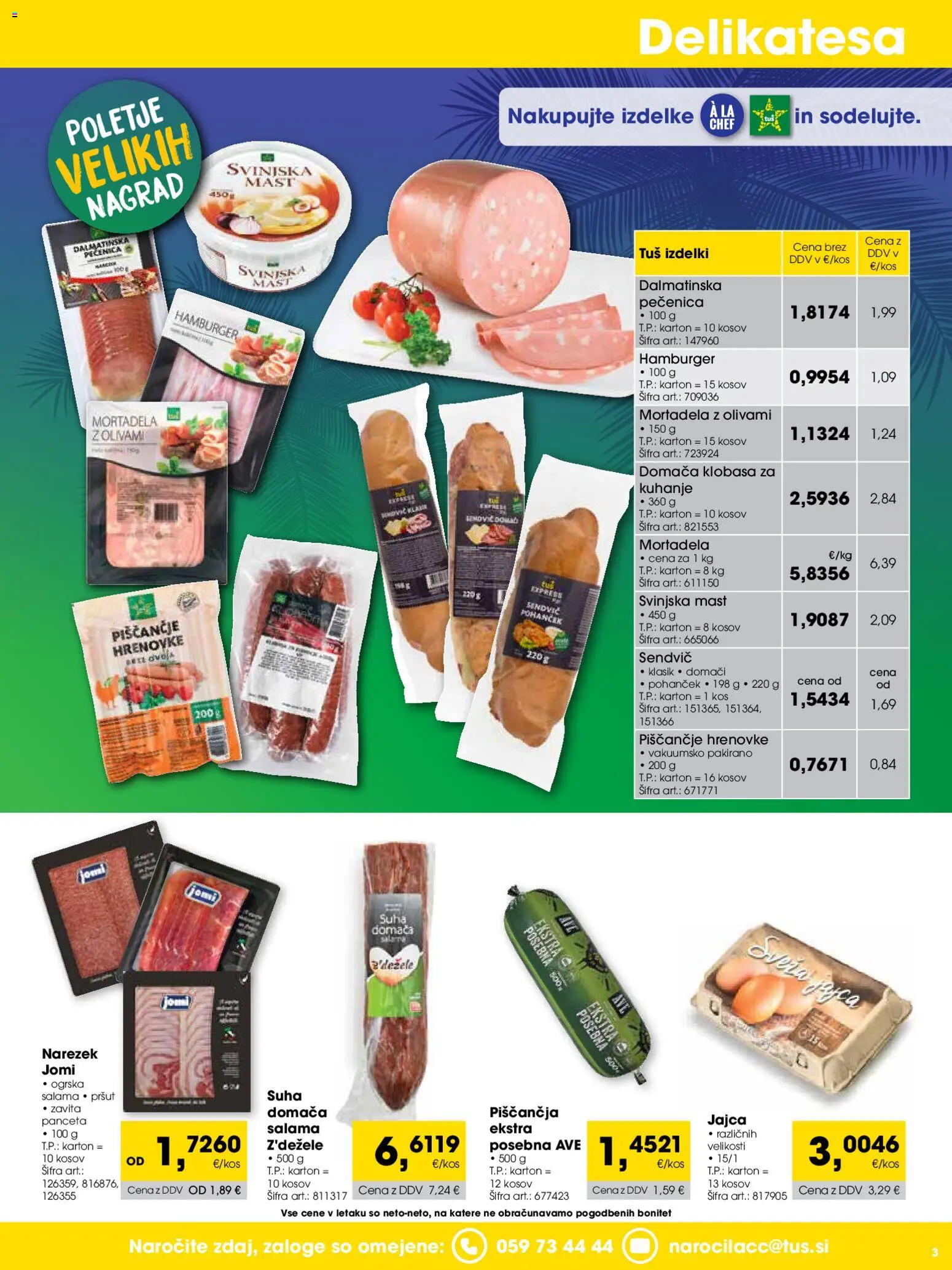 Novi Tuš katalog ponudbe – veljaven od 01.08.2026 | Stran: 3 | Izdelki: Panceta, Mortadela, Jajca, Salama