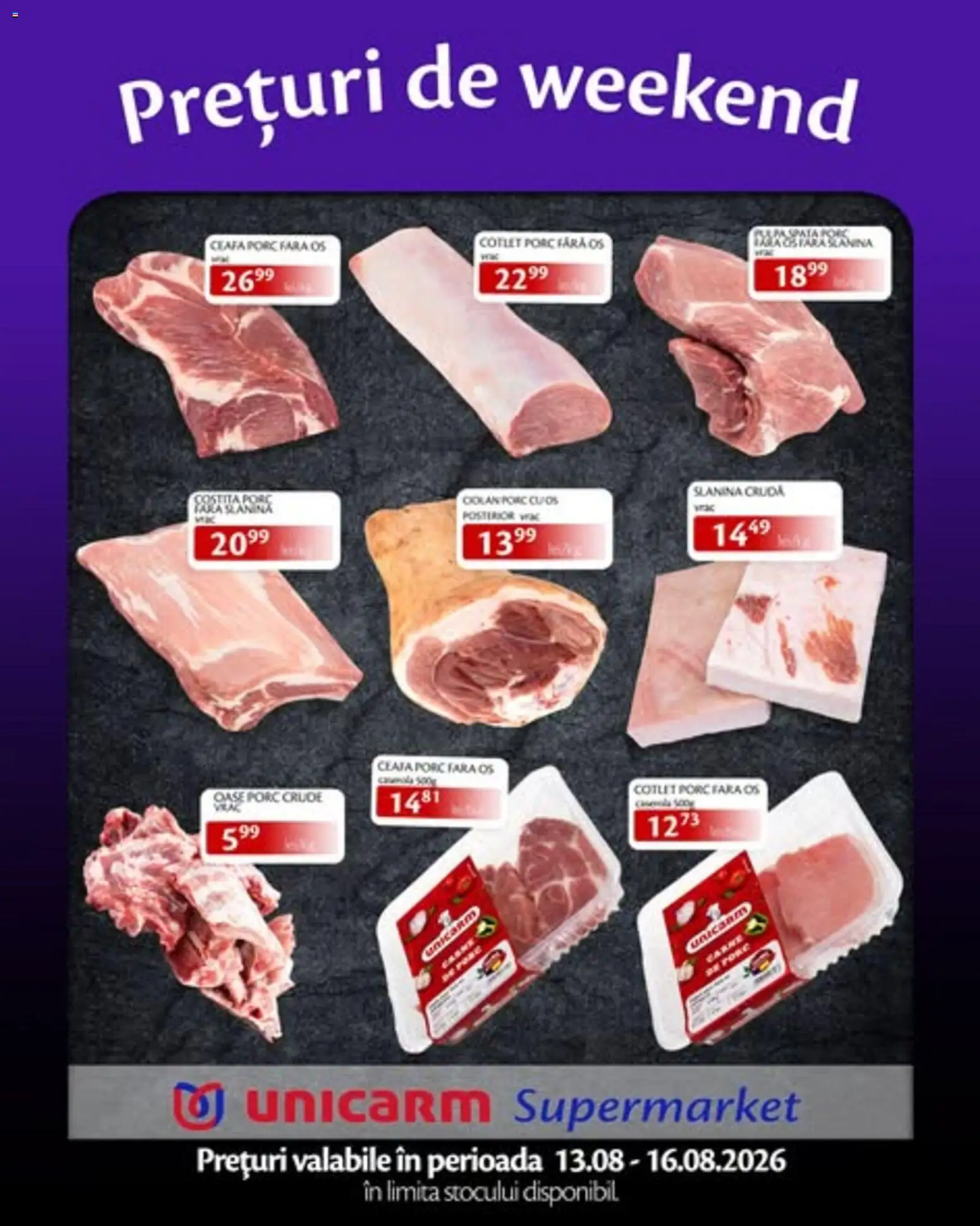 Noul catalog Unicarm – valabil de la 13.08.2026 | Pagină: 1 | Produse: Pară, Slanina, Cotlet, Cotlet porc