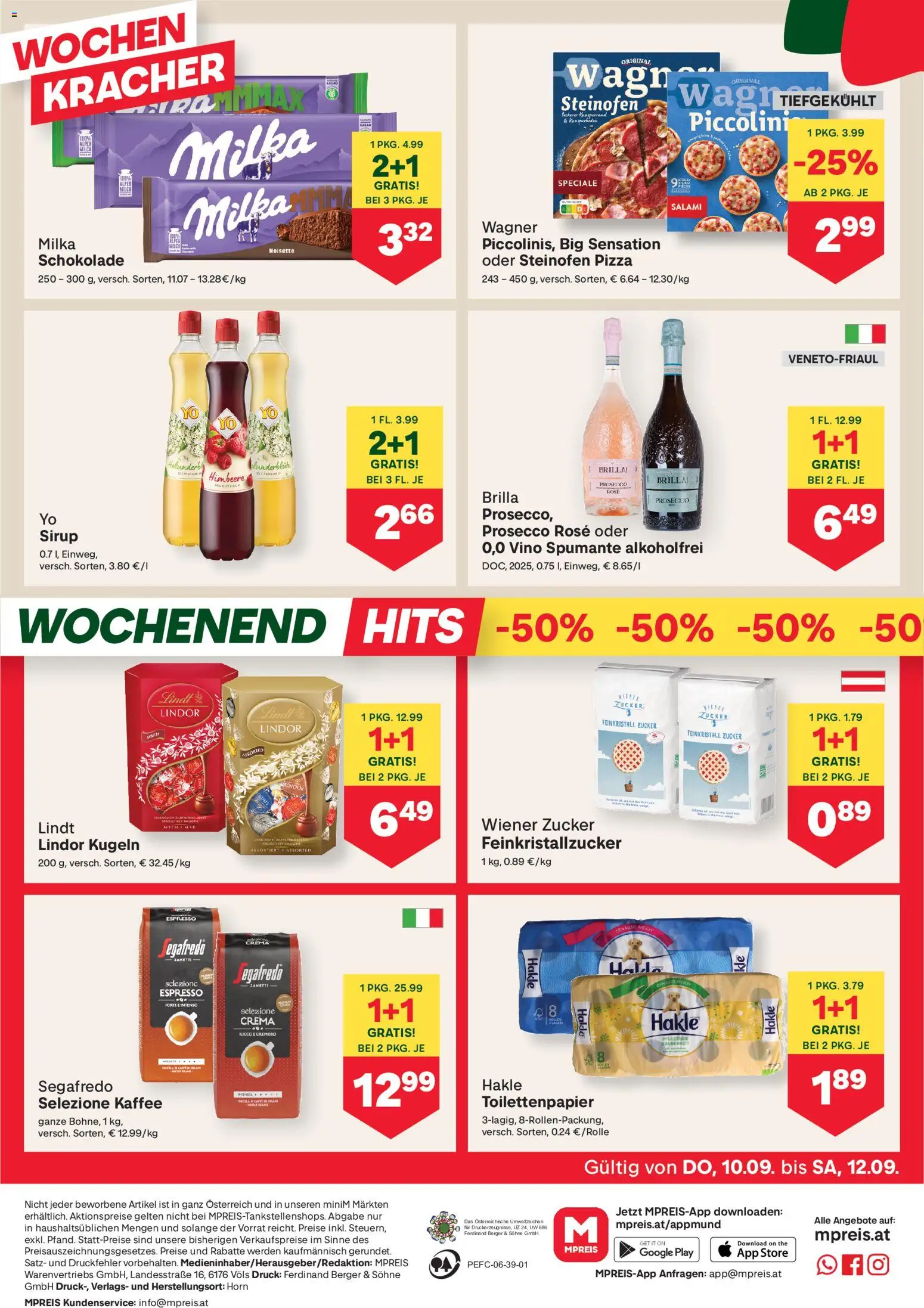 MPREIS Flugblatt gültig ab 10.09.2026 | Seite: 12 | Produkte: Himbeere, Kaffee, Schokolade, Pizza