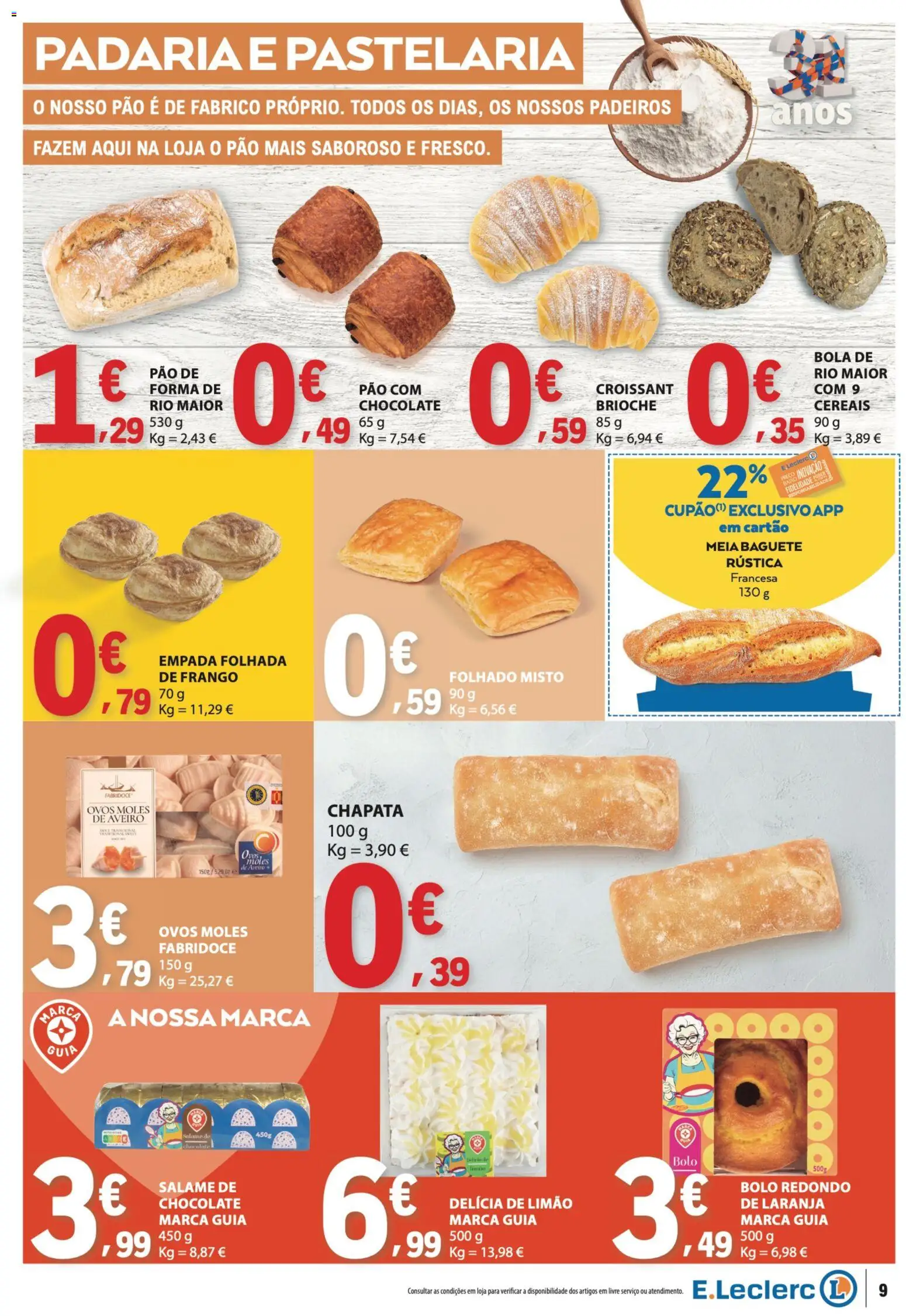 E.Leclerc folheto Semanal Aniversário 31 │ válido de 22/10/2026 | Página: 9 | Produtos: Baguete, Croissant, Bolo, Ovos