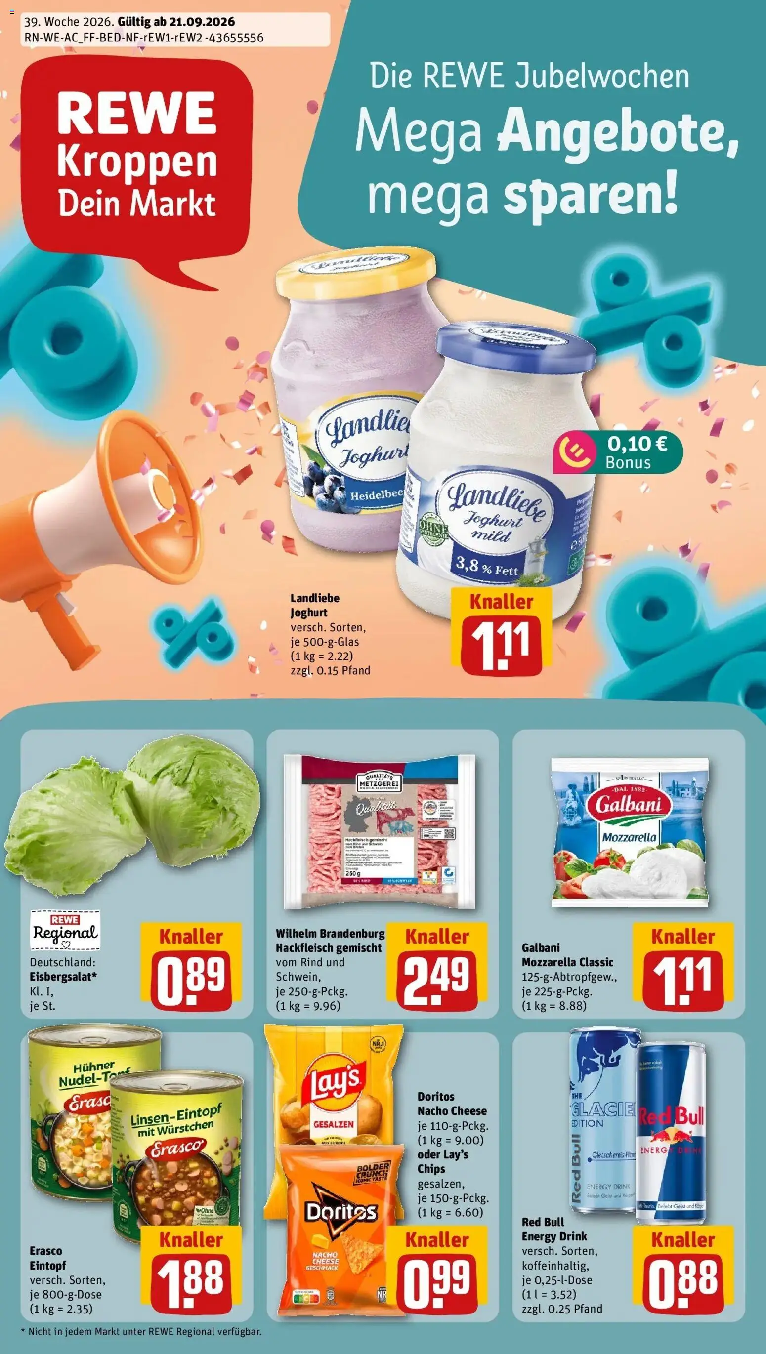 REWE Prospekt ab 21.09.2026 zum Blättern » Angebote | Seite: 1 | Produkte: Red bull, Energy, Mozzarella, Hackfleisch