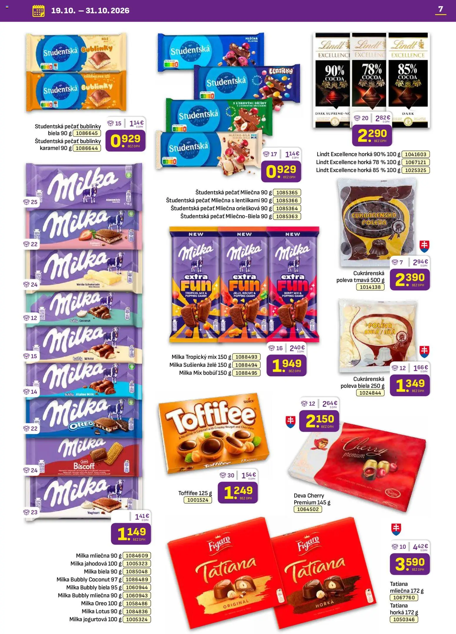 Nové Libex akcie – leták je platný od 19.10.2026 | Strana: 7 | Produkty: Lotus, Lindt, Študentská pečať, Milka