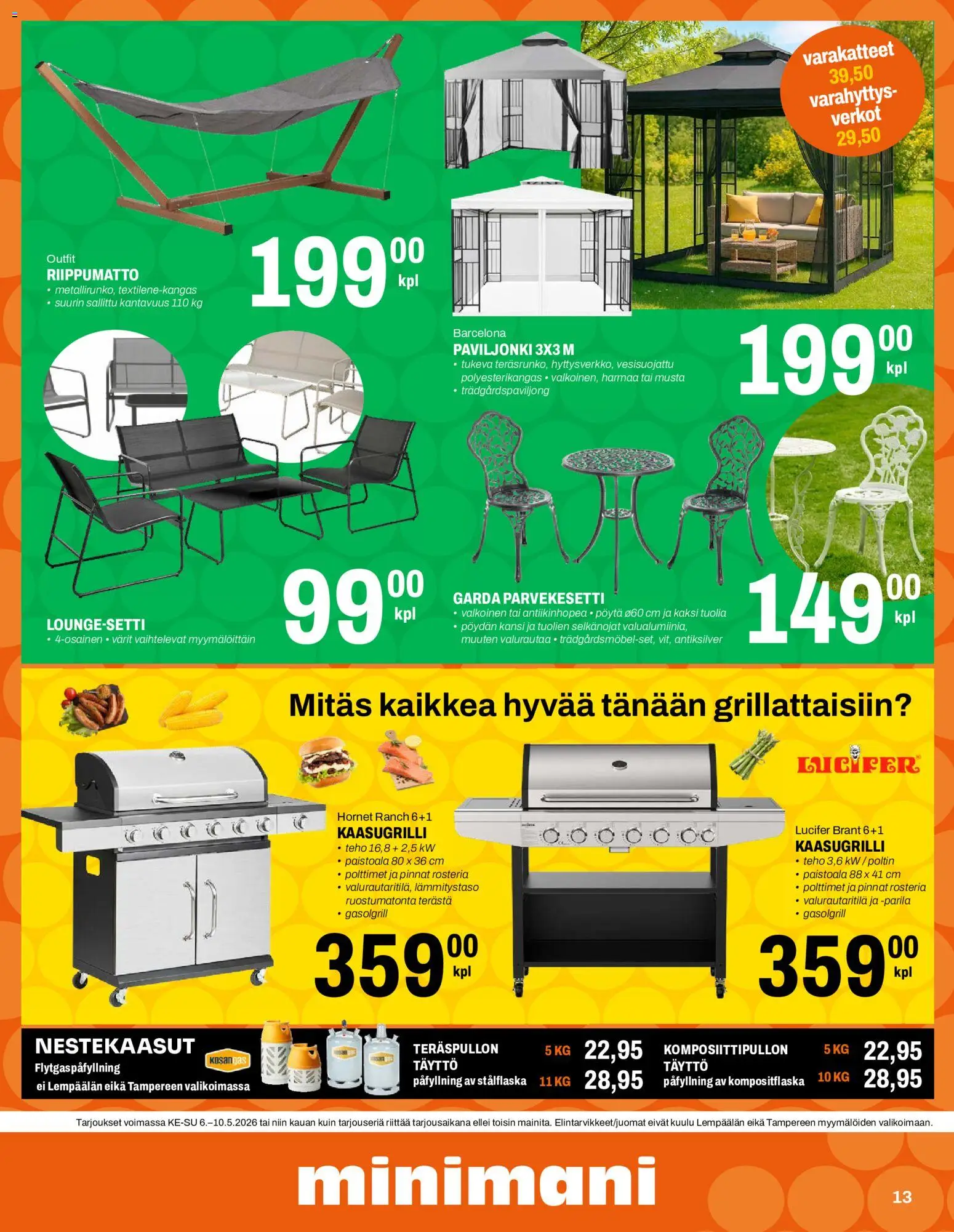 Minimani tarjoukset – voimassa 06.05.2026 alkaen | Sivu: 13 | Tuotteet: Riippumatto, Kaasugrilli, Kansi, Pöytä
