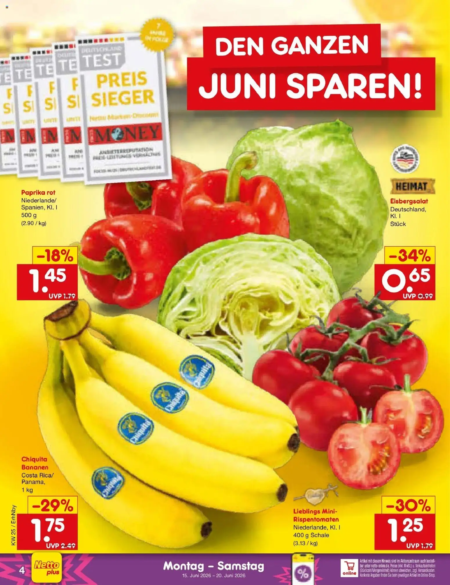 Netto Marken-Discount Prospekt Metten – gültig ab 14.06.2026 | Seite: 4 | Produkte: Paprika rot, Bananen, Eisbergsalat, Paprika
