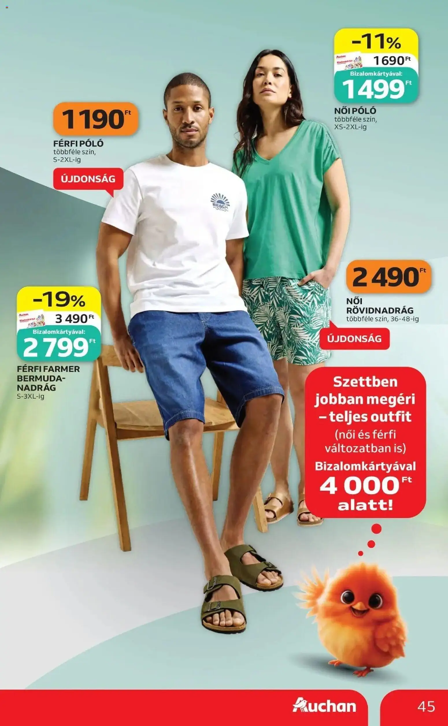 Auchan akciós ujság - amely érvényes a következő dátumtól: 14.05.2026 | Oldal: 45 | Termékek: Farmer, Női póló, Nadrág, Rövidnadrág