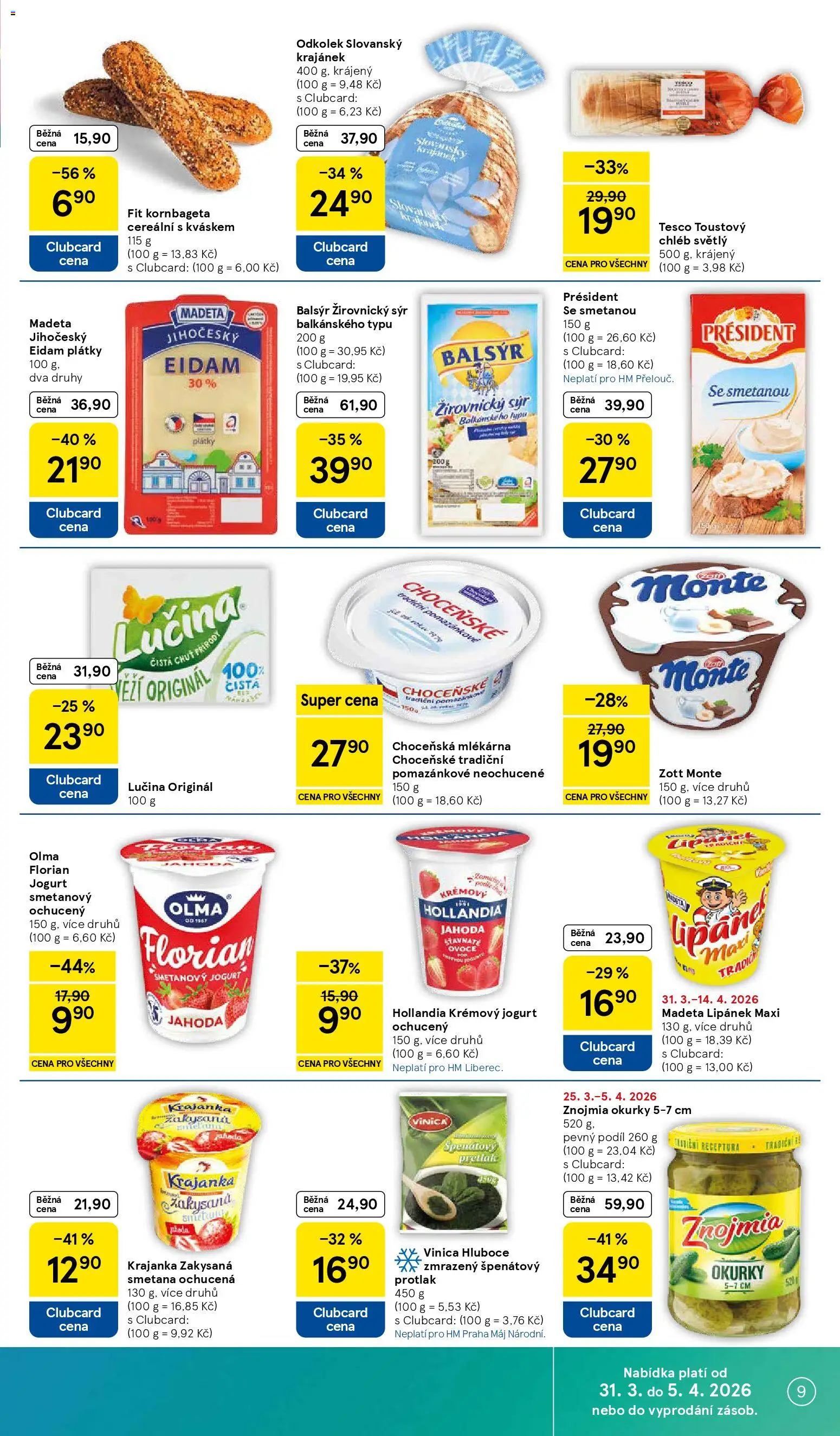Tesco leták - Hypermarket od 31.03.2026 | Strana: 9 | Produkty: Lipánek, Eidam, Kornbageta, Hollandia