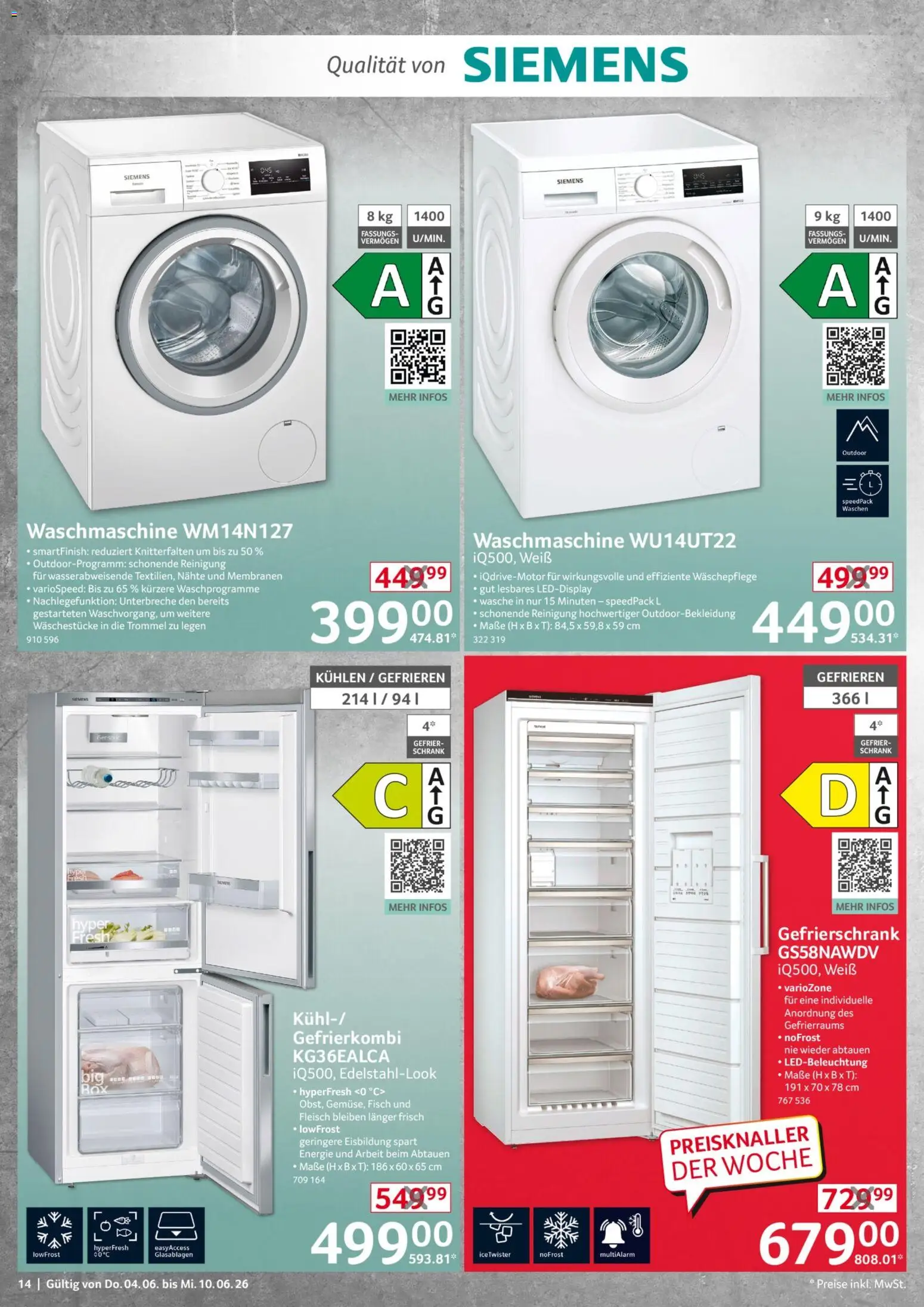 Selgros Non Food – gültig ab 04.06.2026 | Seite: 14 | Produkte: Siemens, Gefrierschrank, Waschmaschine, Fleisch