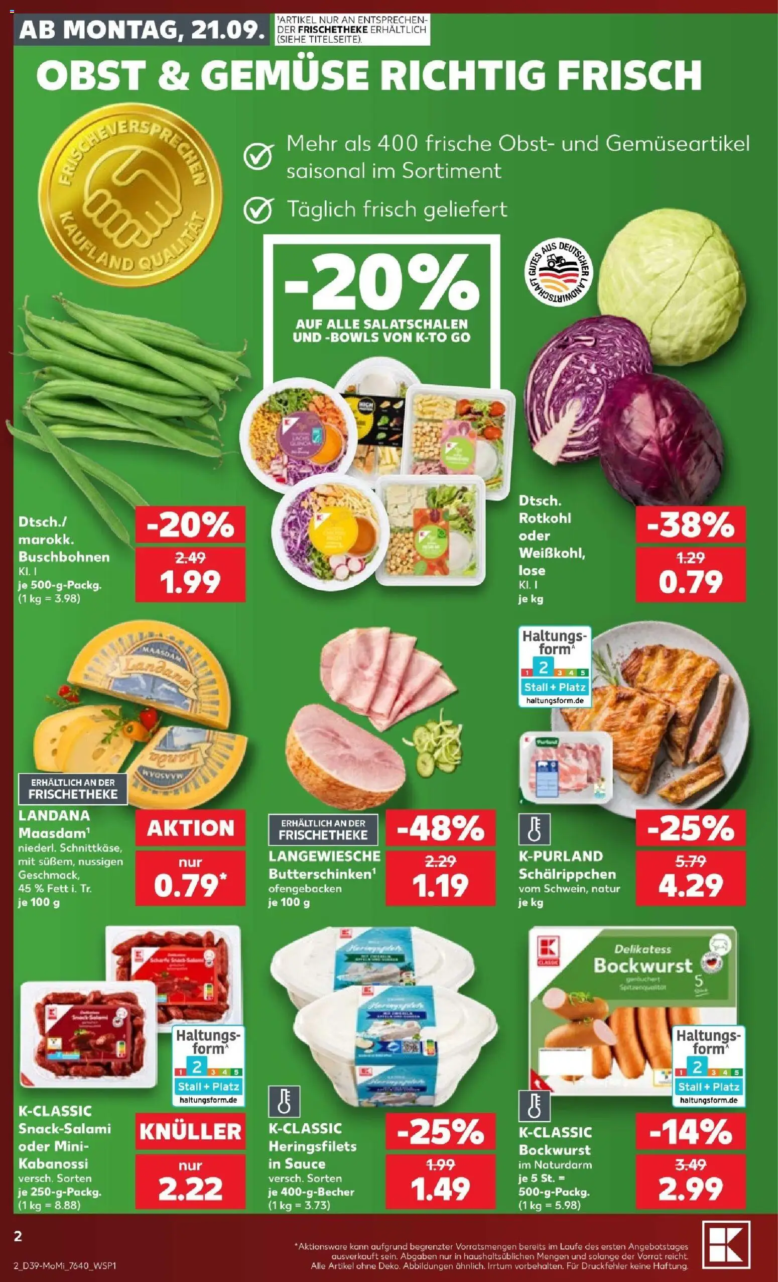 Kaufland Prospekt Bremen – gültig ab 21.09.2026 | Seite: 2 | Produkte: Bockwurst, Rotkohl, Gemüse, Obst