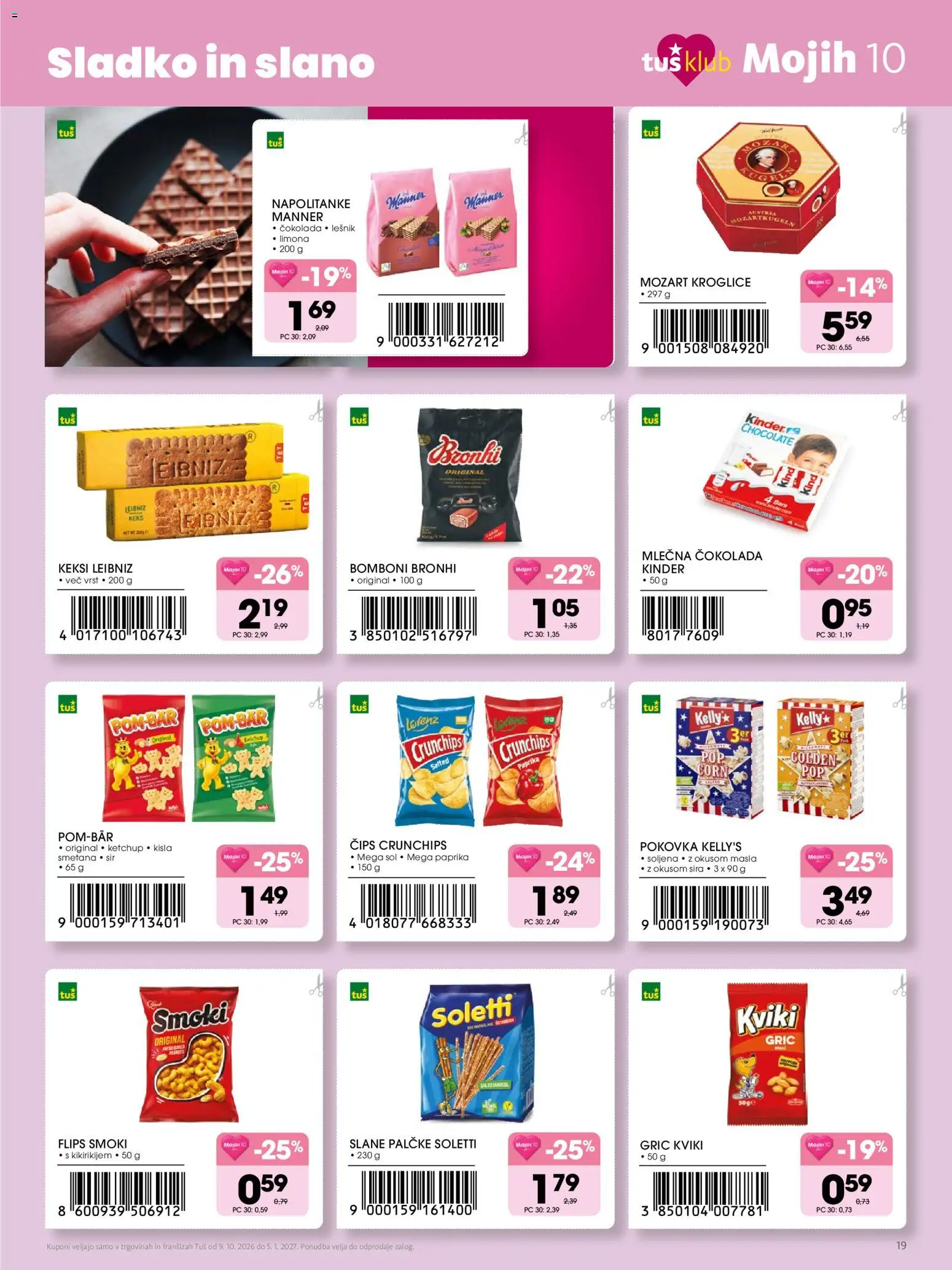 Novi Tuš katalog ponudbe – veljaven od 09.10.2026 | Stran: 19 | Izdelki: Keksi, Flips, Sir, Cips