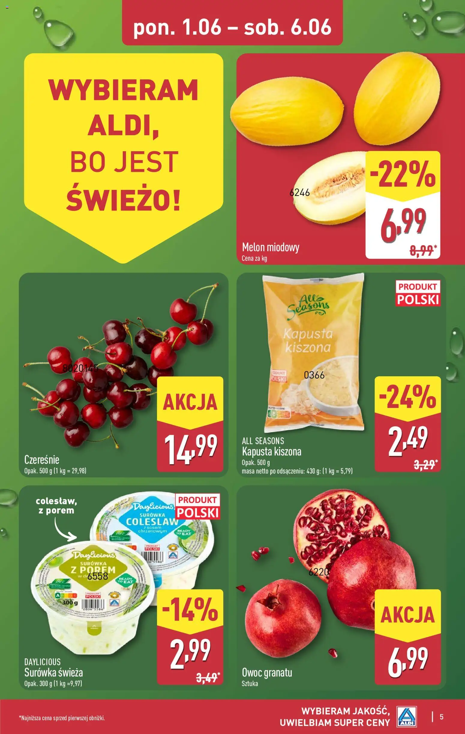 Aldi gazetka od 01.06.2026 | Strona: 5 | Produkty: Kapusta, Melon, Kapusta kiszona, Czereśnie