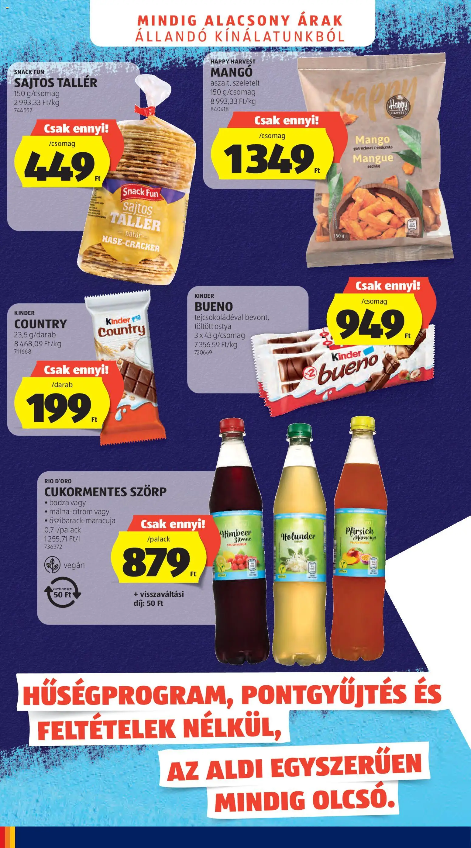 Aldi akciós ujság - amely érvényes a következő dátumtól: 21.05.2026 | Oldal: 4 | Termékek: Szörp, Sajtos tallér, Vegán, Mangó