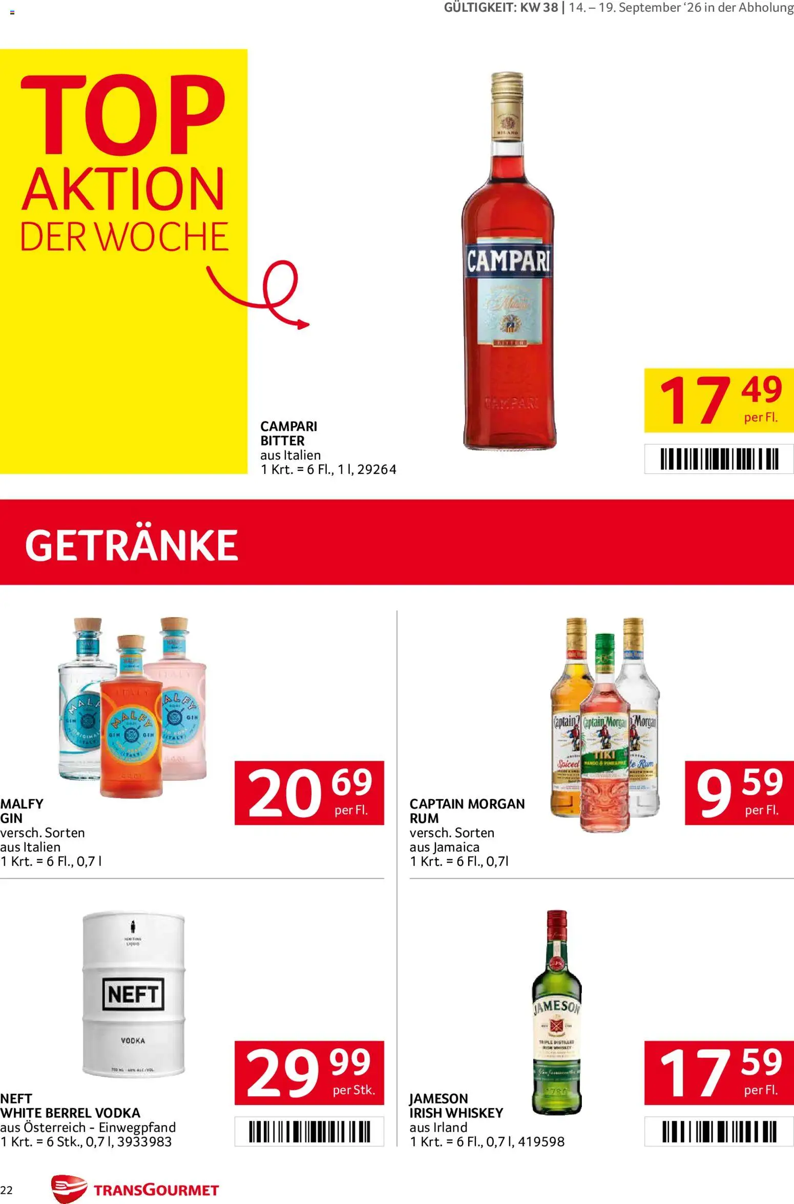 Transgourmet Flugblatt gültig ab 14.09.2026 | Seite: 21 | Produkte: Whiskey, Getränke, Campari