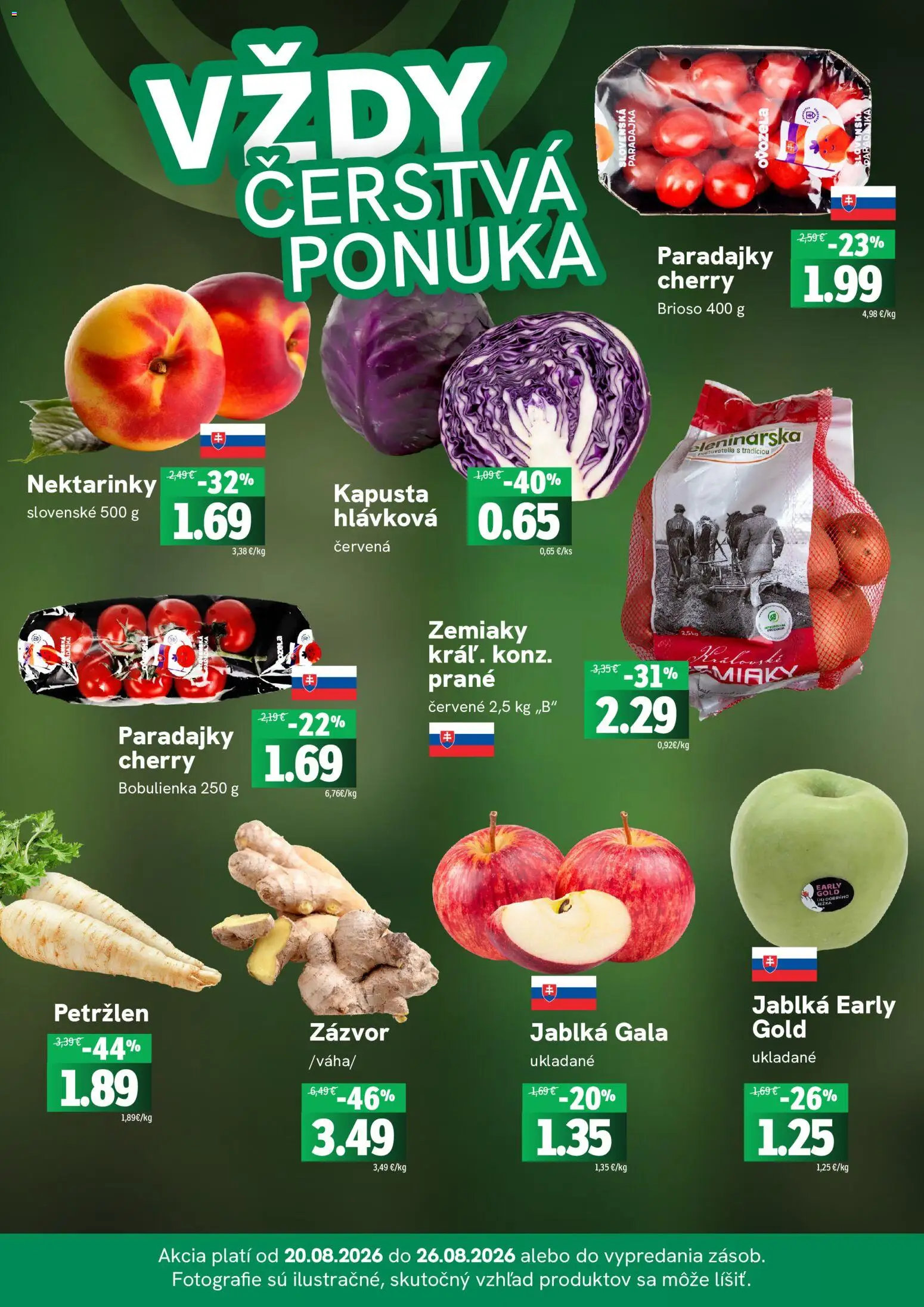 Nové Fresh akcie – leták je platný od 20.08.2026 | Strana: 3 | Produkty: Kapusta, Jablká, Nektárinky, Zemiaky