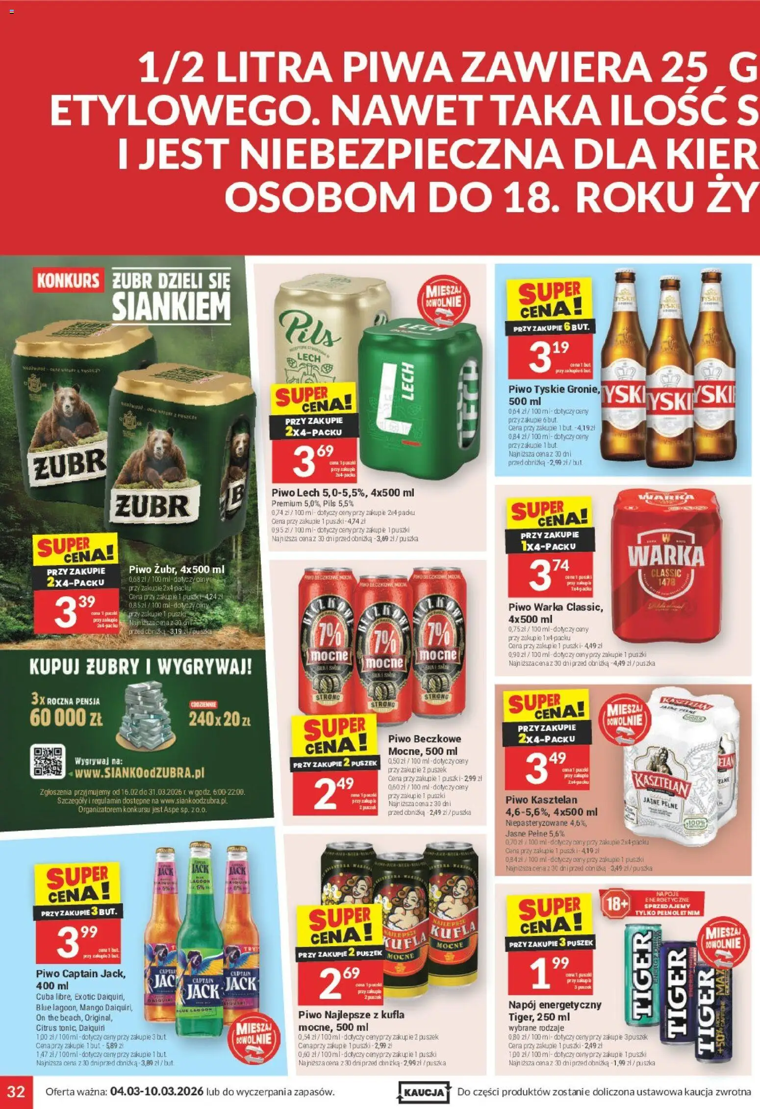 Twój Market gazetka od 04.03.2026 | Strona: 32 | Produkty: Napoje, Piwo Warka, Tyskie, Piwo
