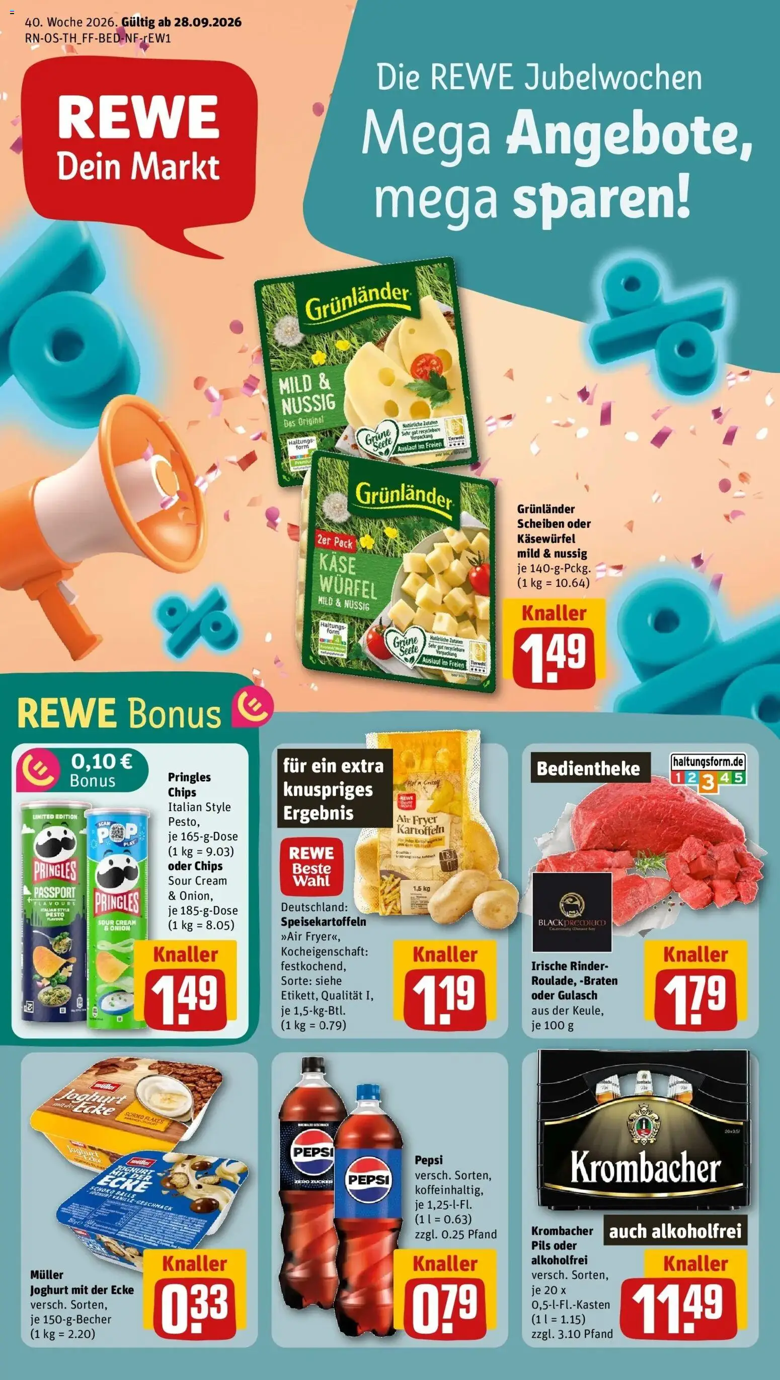 REWE Prospekt ab 28.09.2026 zum Blättern » Angebote | Seite: 1 | Produkte: Pils, Grunlander, Krombacher, Pringles