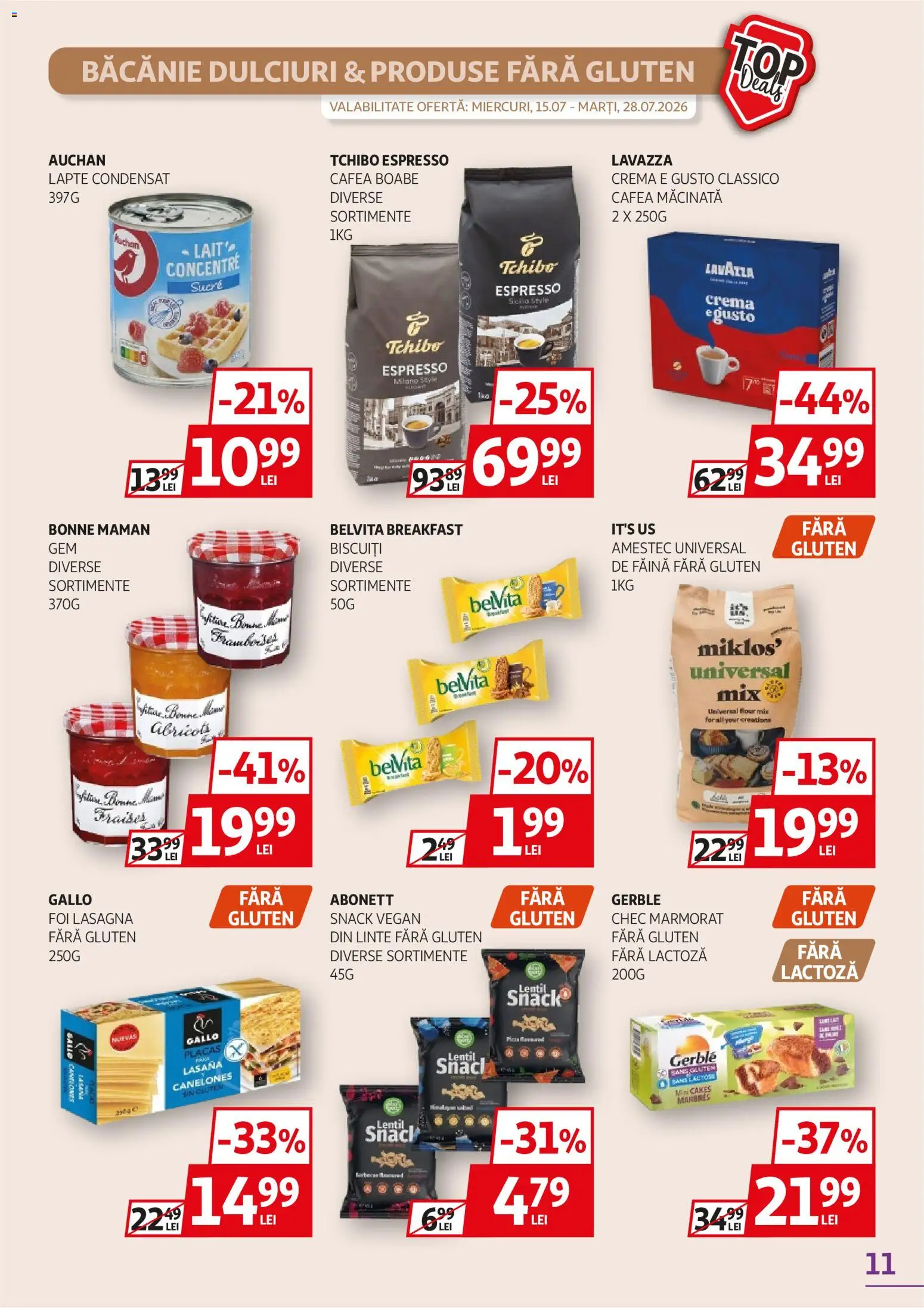 Noul catalog Auchan – valabil de la 15.07.2026 | Pagină: 11 | Produse: Cafea macinata, Lasagna, Lapte, Făină