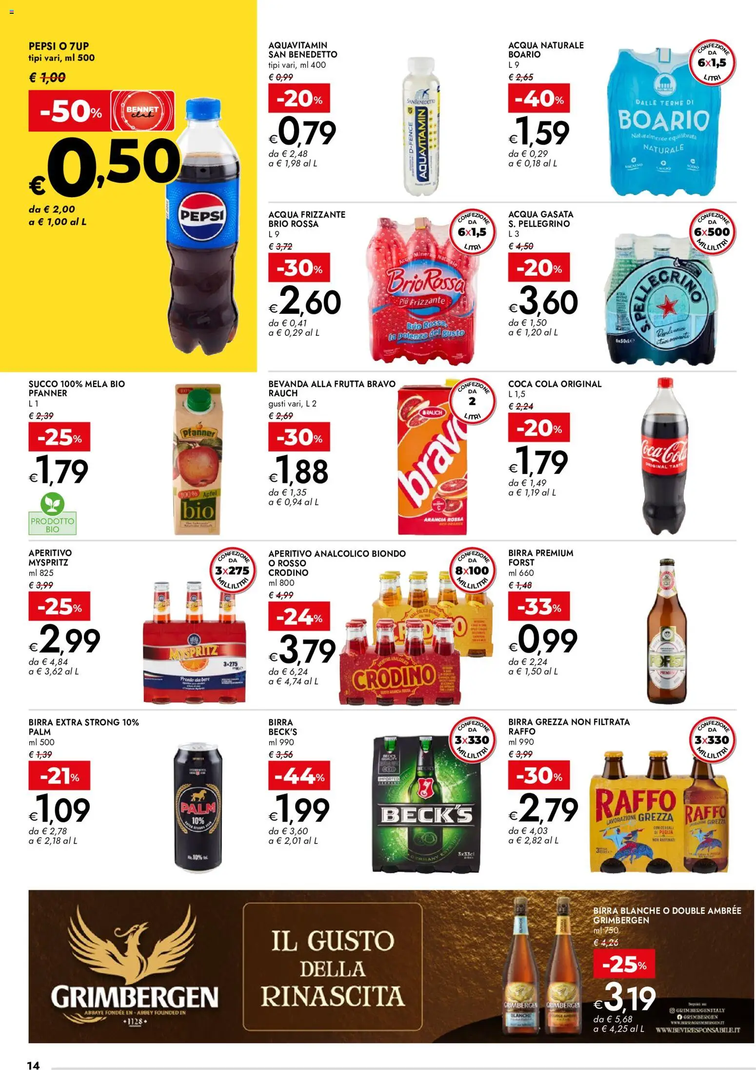 Volantino bennet del 27/08/2026 | Pagina: 14 | Prodotti: Birra, Frutta, Arancia, Coca Cola