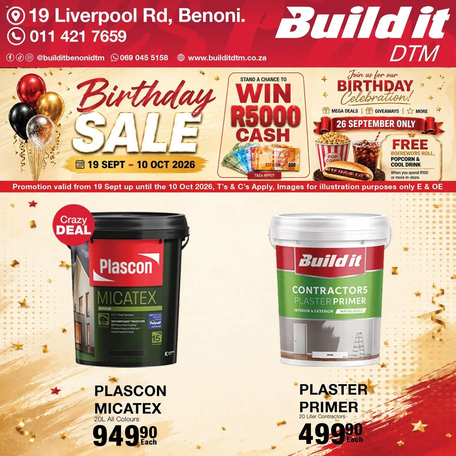 New Build It catalogue – valid from 19/09/2026 | Page: 4 | Products: Primer, Boerewors, Popcorn, Water