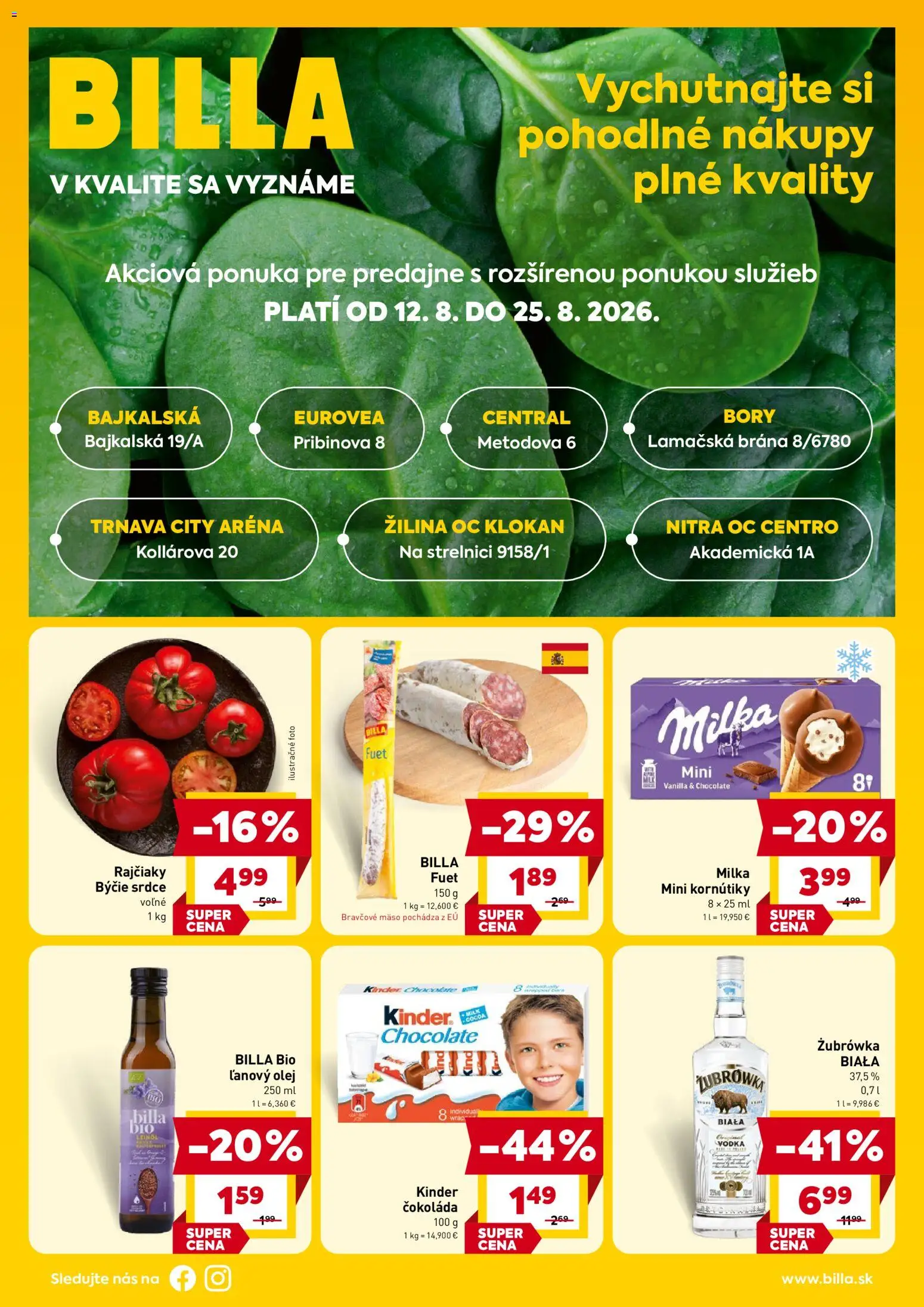 Nové Billa akcie – leták je platný od 12.08.2026 | Strana: 1 | Produkty: Olej, Mäso, Čokoláda, Bravčové mäso