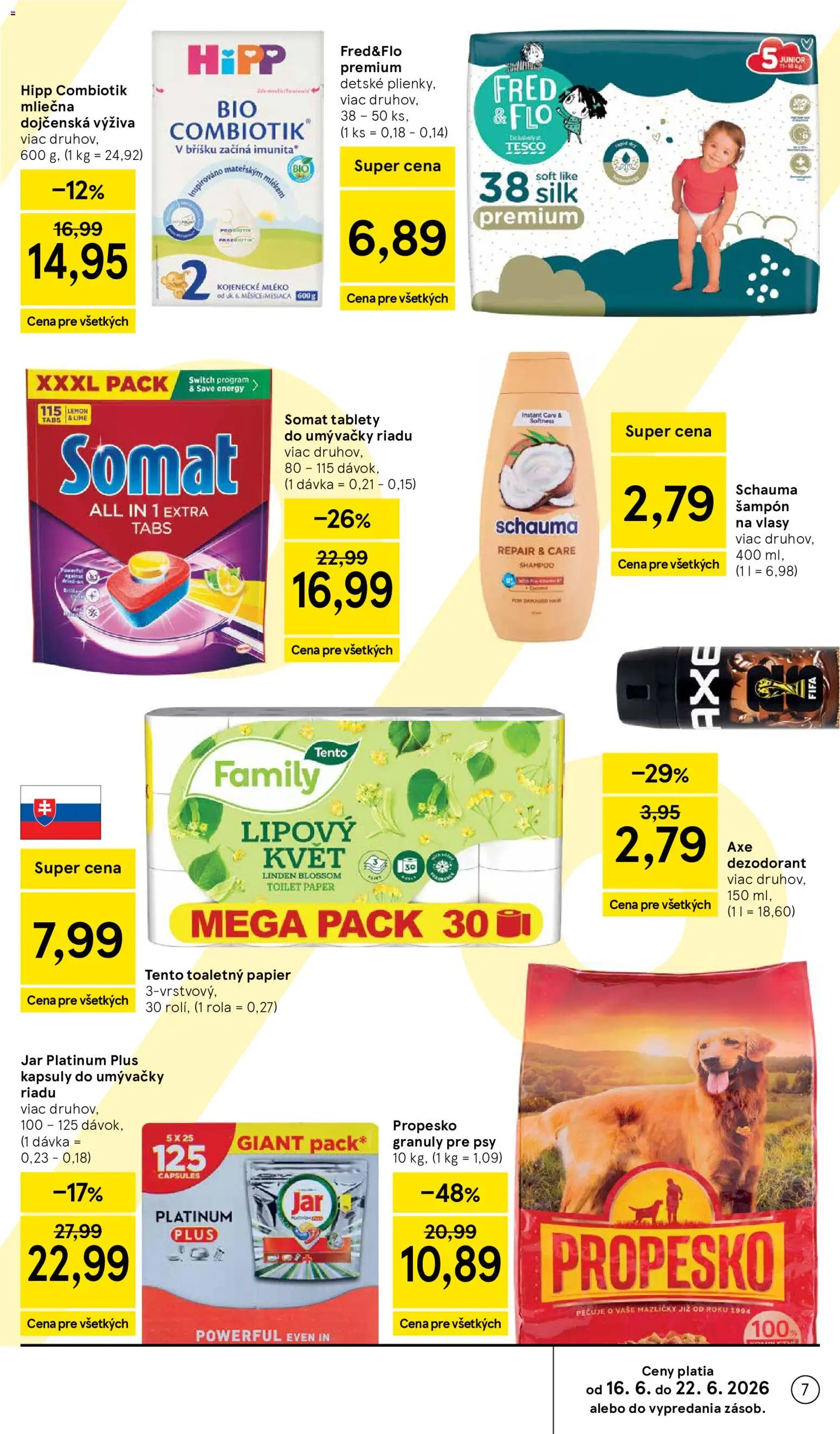 Nové Tesco akcie – leták je platný od 17.06.2026 | Strana: 7 | Produkty: Toaletný papier, Dezodorant, Kapsuly do umývačky riadu, Plienky