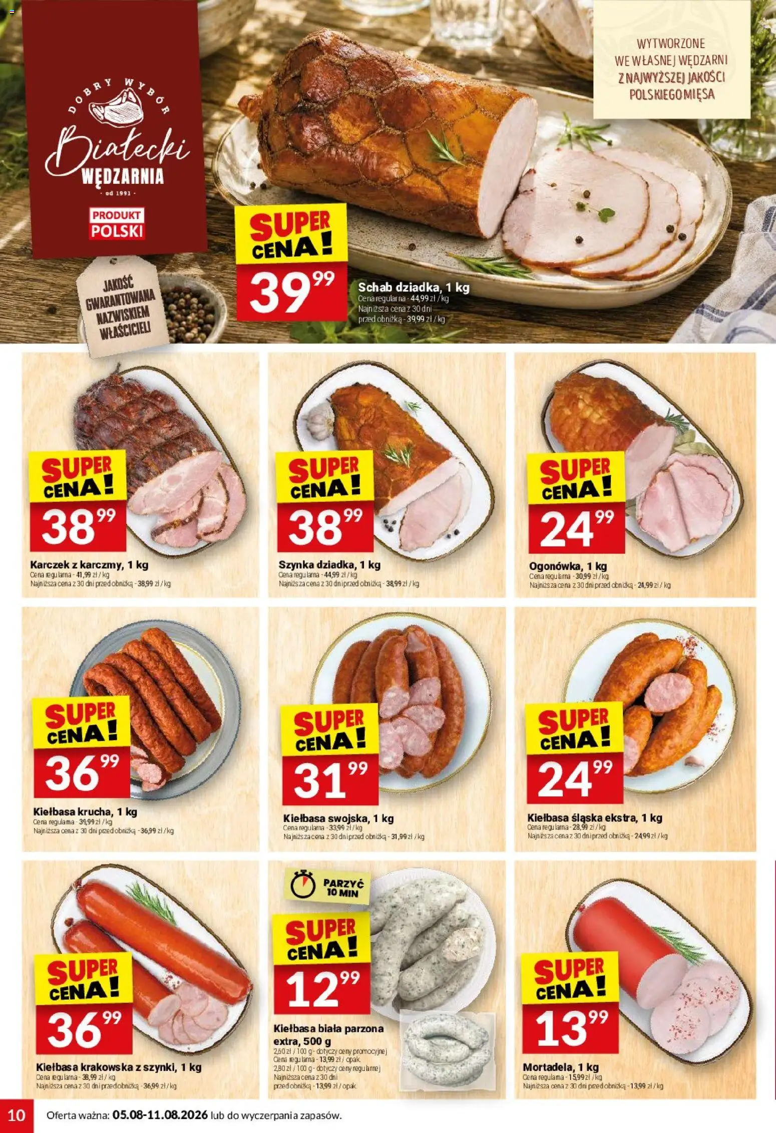 Twój Market gazetka od 05.08.2026 | Strona: 10 | Produkty: Kiełbasa, Szynka, Kiełbasa krakowska, Kiełbasa śląska
