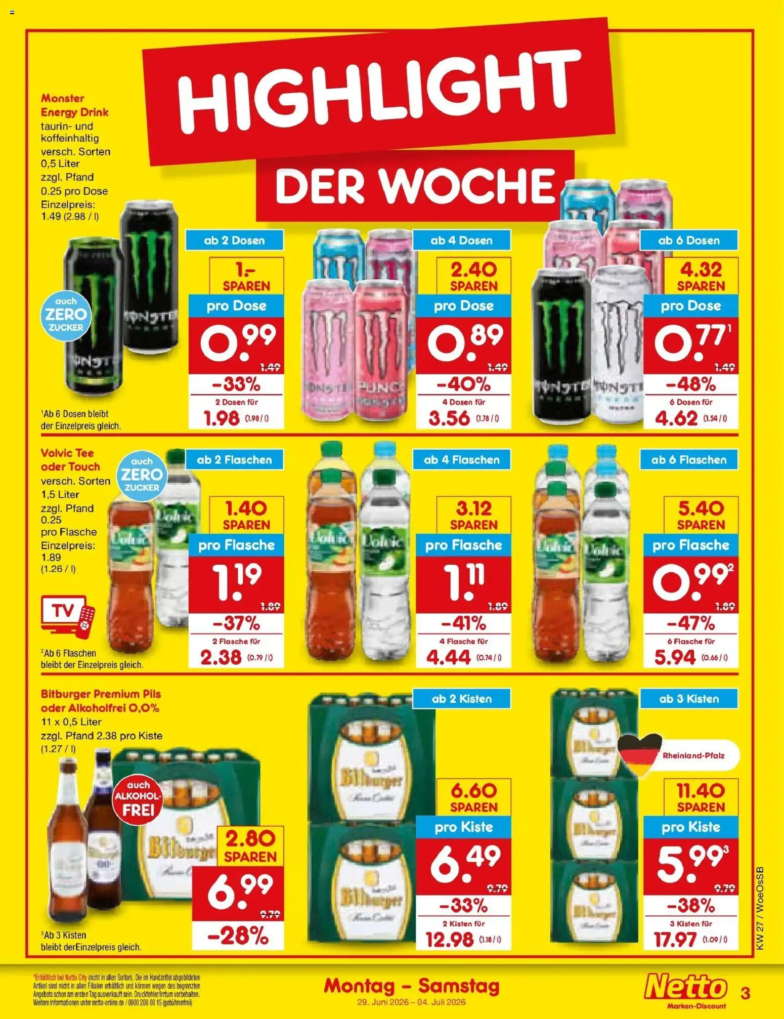 Netto Marken-Discount Prospekt Gemmingen – gültig ab 29.06.2026 | Seite: 3 | Produkte: Energy, Volvic tee, Zucker, Tee