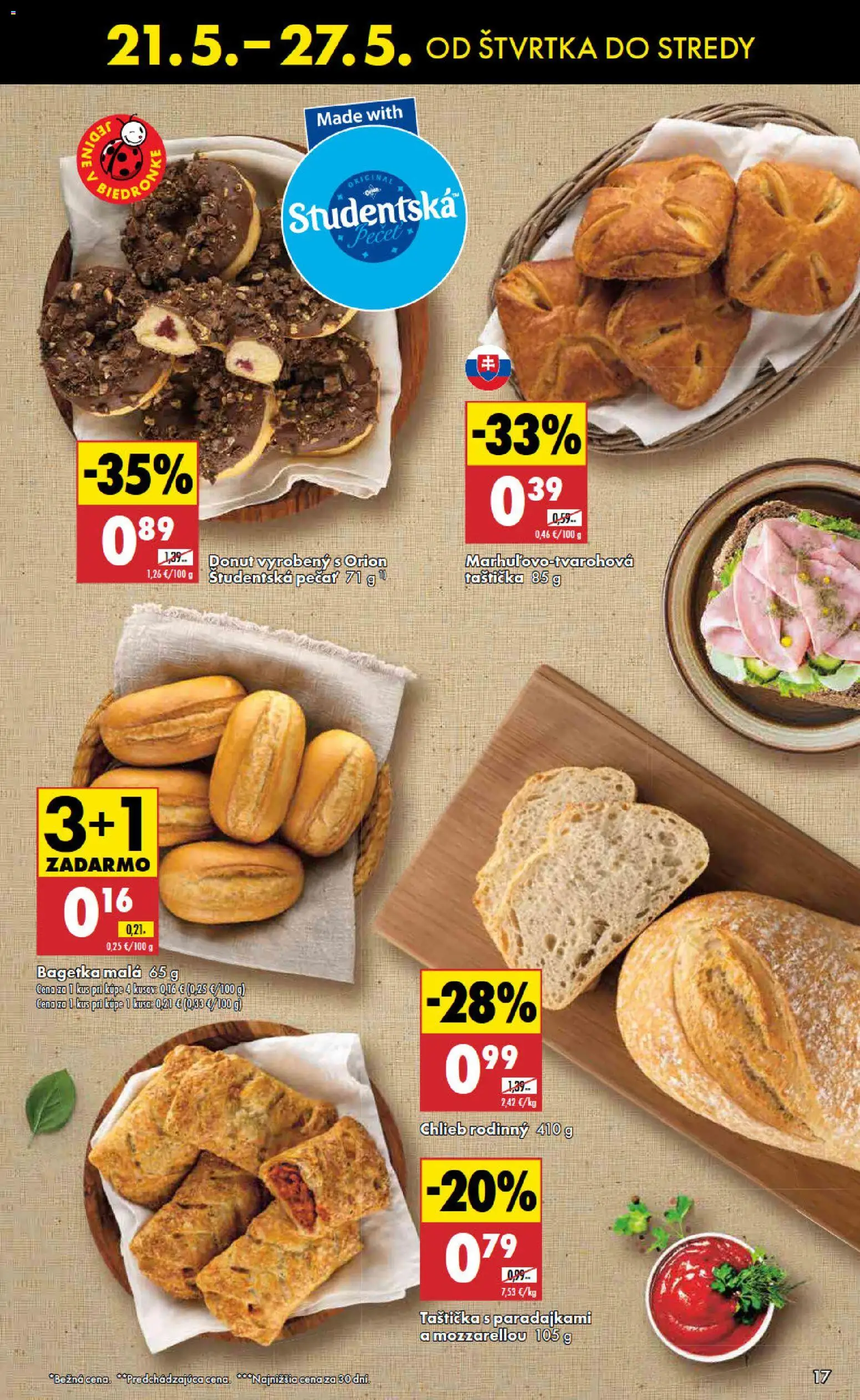 Nové Biedronka akcie – leták je platný od 21.05.2026 | Strana: 17 | Produkty: Chlieb, Donut, Študentská pečať